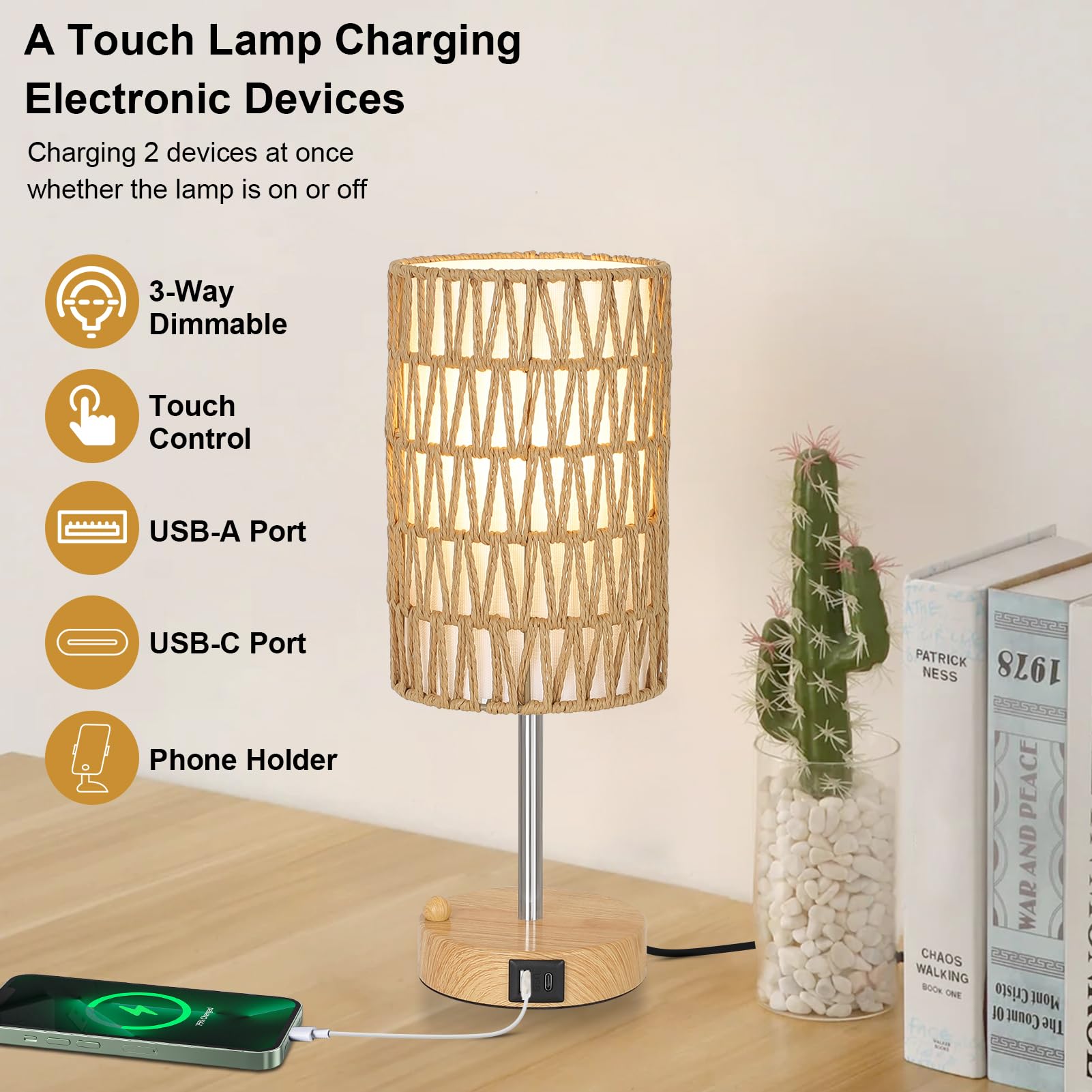Eayaya Bedside Lamps Set Of 2 With Bulb, Touch Control Nightstand Lamp For Bedroom With Rattan & Linen Shade, 3 Way Dimmable Sma
