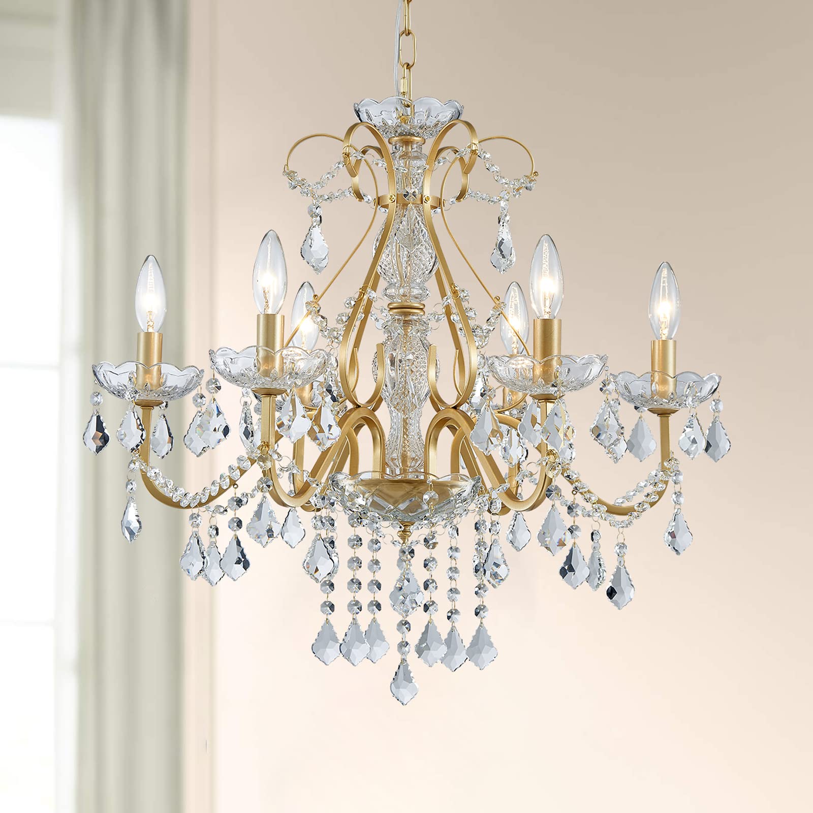 Bestier Gold Vintage Candle Chandelier Lighting Fixture, 6 E12 Bulbs, D24" x H26", Ideal for Dining Room, Bathroom, Foyer, Livingroom