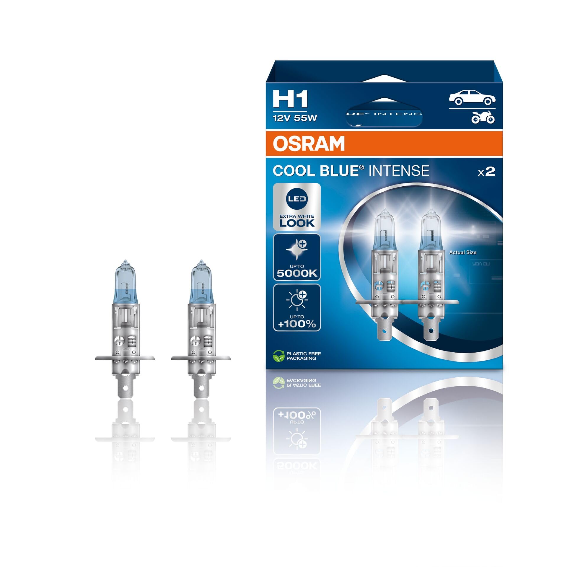 OSRAM COOL BLUE INTENSE H1, +100% more brightness, up to 5,000K, halogen headlight lamp, LED look, duo box (2 lamps) 64150CBN-HC