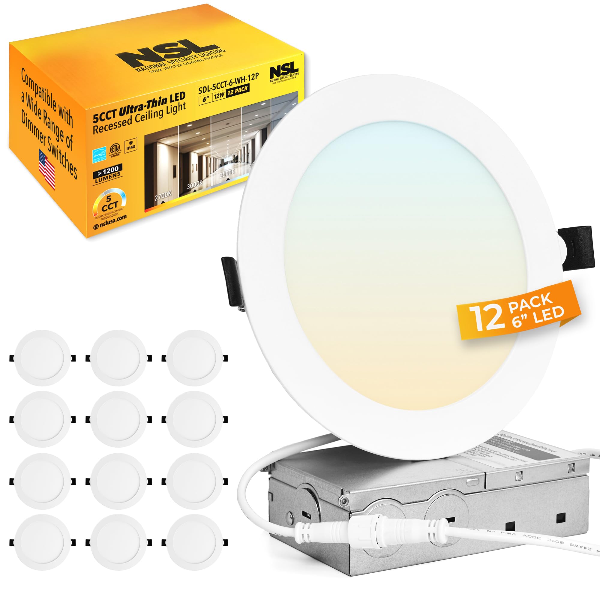 LED Recessed Lighting 6 Inch Downlight (12PK)-Spacious Junction Box(5 Knockout Holes)-Adjustable Color & Brightness (5CCT Dimmab
