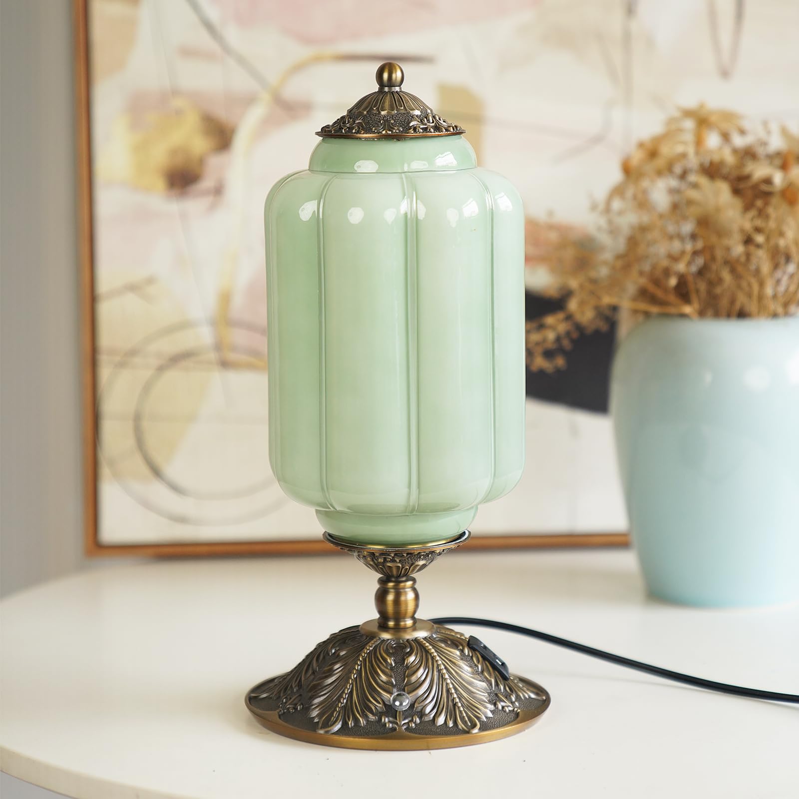 Milk Glass Touch Table Lamp  Elegant Green Jadeite Glass Bedside Desk Lamp 3 Way Dimmable with USB C+A Charging Ports - Bedroom Nightstand & Living Room Essential  4W Bulb Included (Green  6.5)