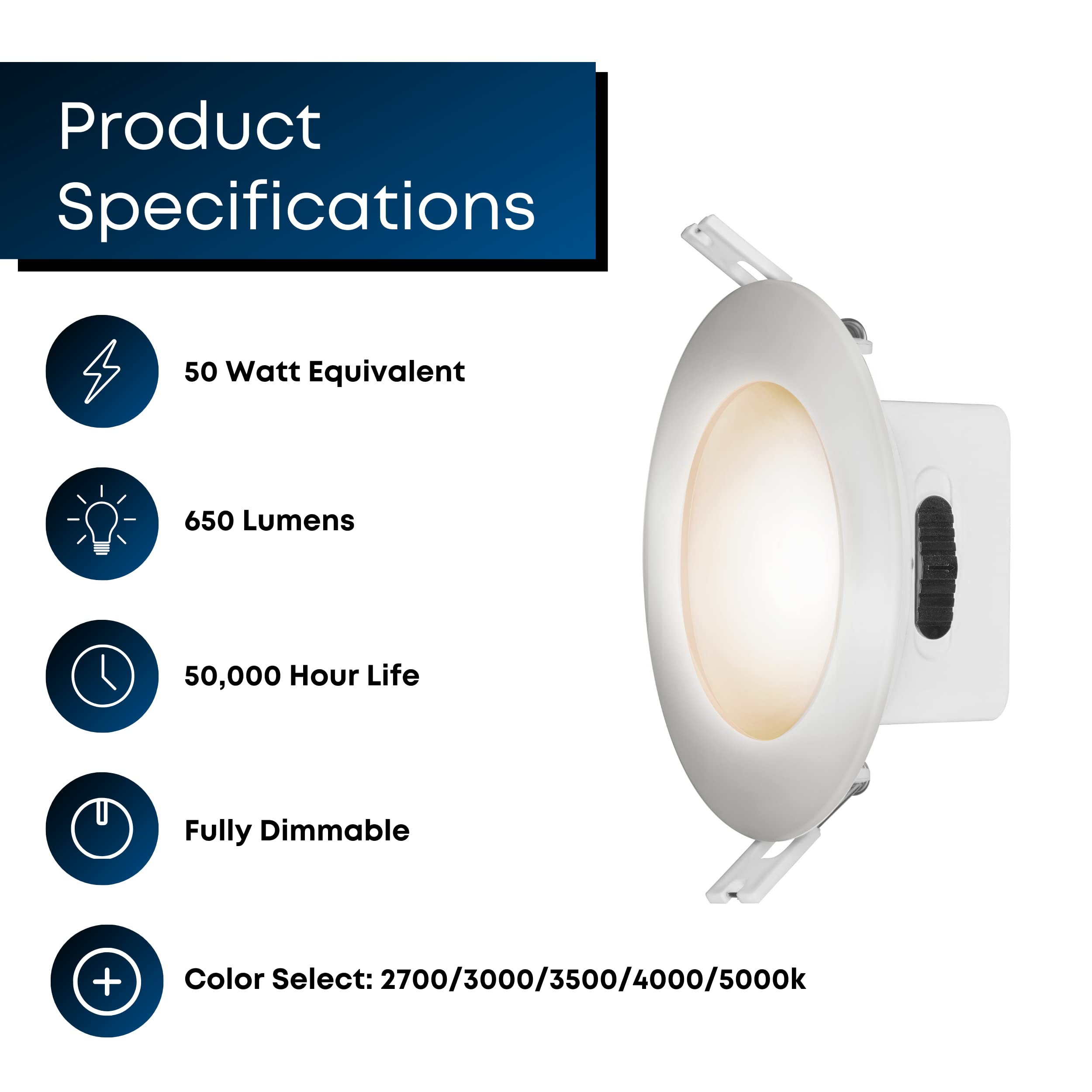 Feit Electric LED Recessed Downlights, 50W Equivalent, Dimmable, 650 Lumens, 4in Size, 5 Color Options, 4 Pack, Model LEDR