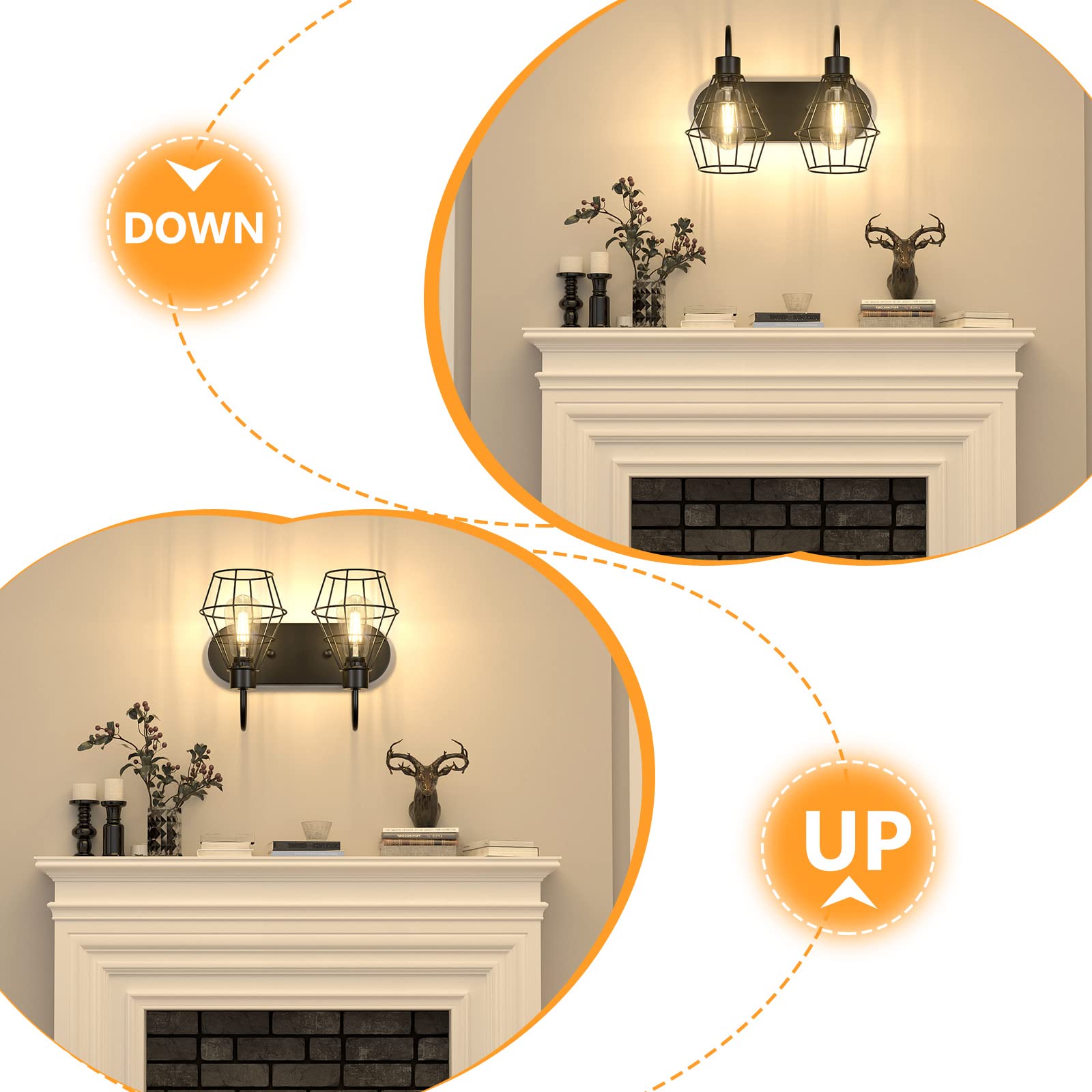 Elibbren 2-Light Bathroom Vanity Light Fixtures, Black Metal Cage Wall Sconces, Model KX-UR1O-6NXR_2L