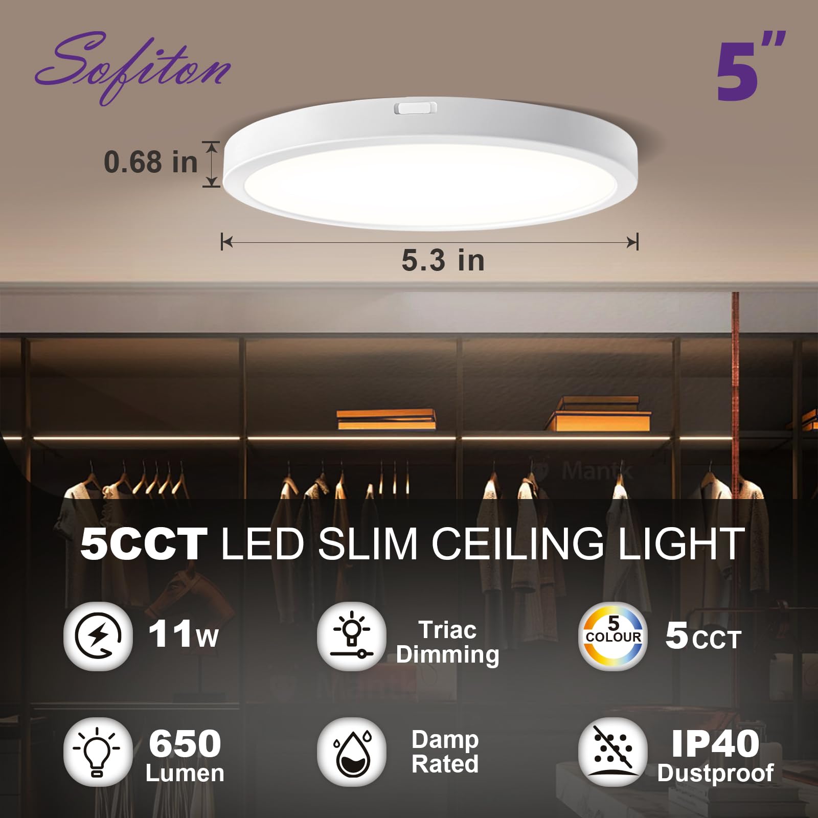 Sofiton 5 In. New-Ultra-Low Profile Edgelit Integrated Led 5Cct Selectable Flush Mount Light Surface Mount Light, White