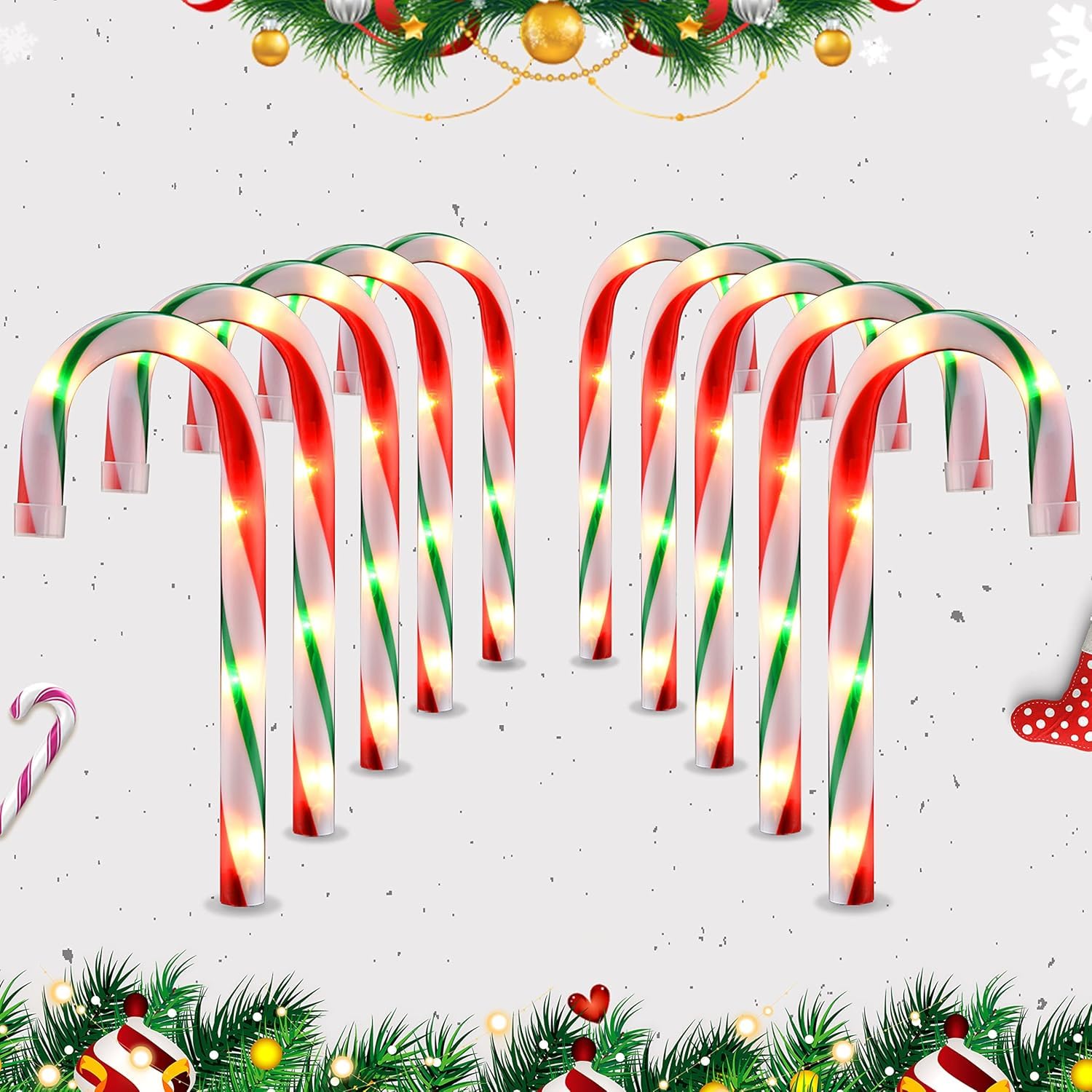 Ultimate Unicorn 10in Candy Cane Lights, Multi-colored, ABS, Model HCH-50/1FD39, 10PCS for Outdoor Decoration