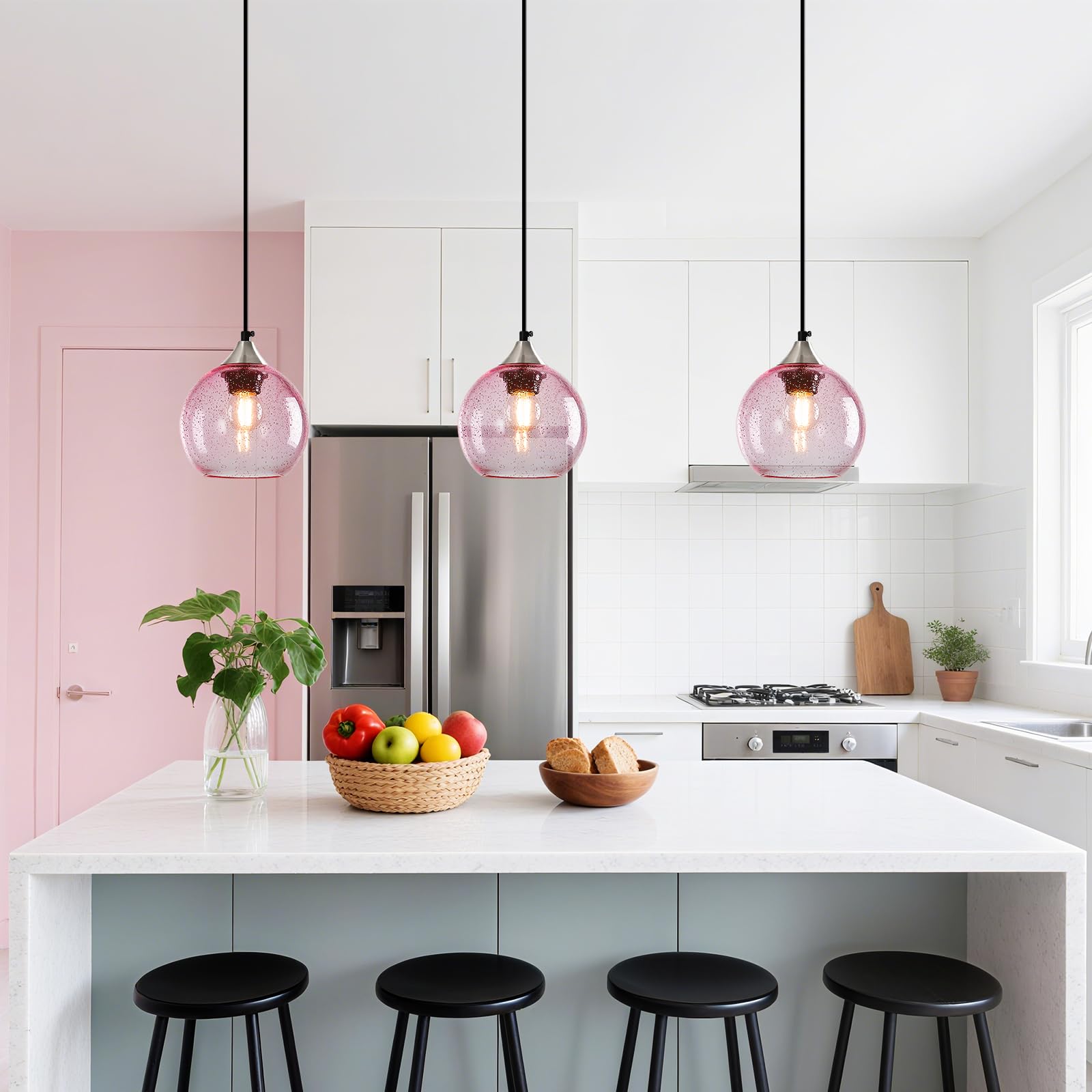Lbsqj Pink Glass Pendant Lights Kitchen Island Globe Pendant Light Fixtures Modern Pendant Lighting For Bedroom Living Dining Room Light Fixture (5.9 In  3 Pack)