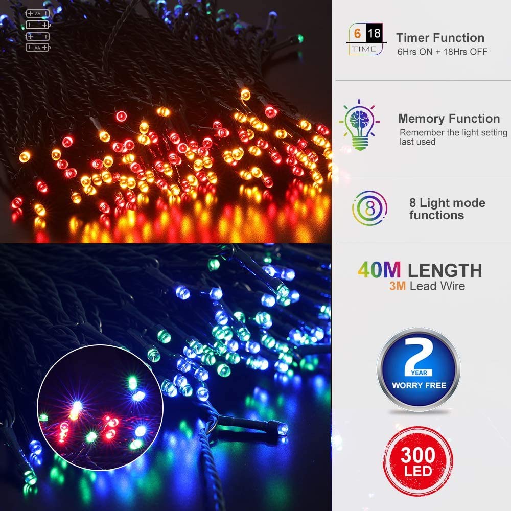 Quntis Battery Operated Christmas Lights - 132Ft 300Leds Waterproof Battery String Lights Outdoor Indoor 8 Modes Led Christmas T