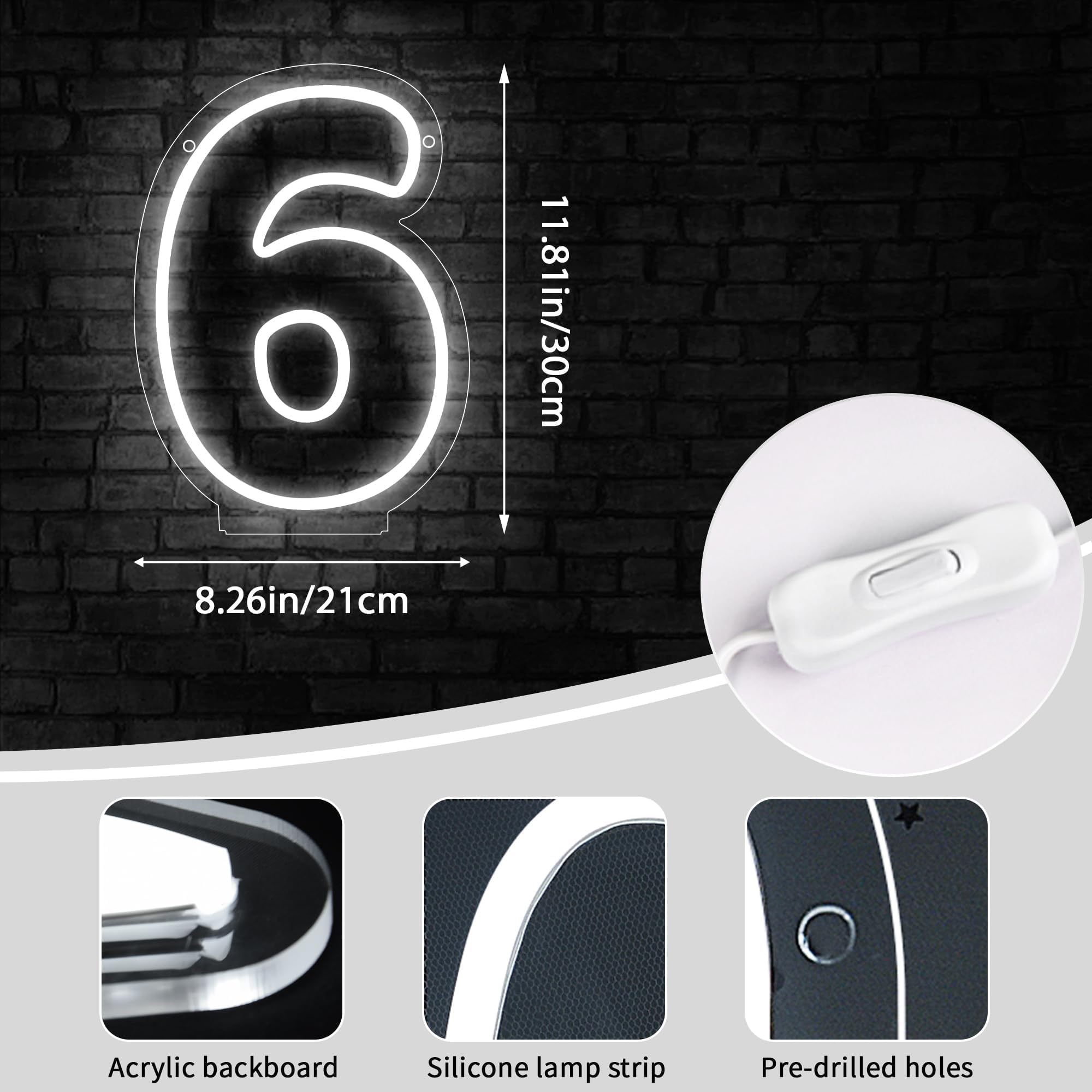 attneon Number 6 Neon Sign, LED Light Up 6 Numbers, Size 11.8x8.3 inches, Silicone Material, Model JTLD108