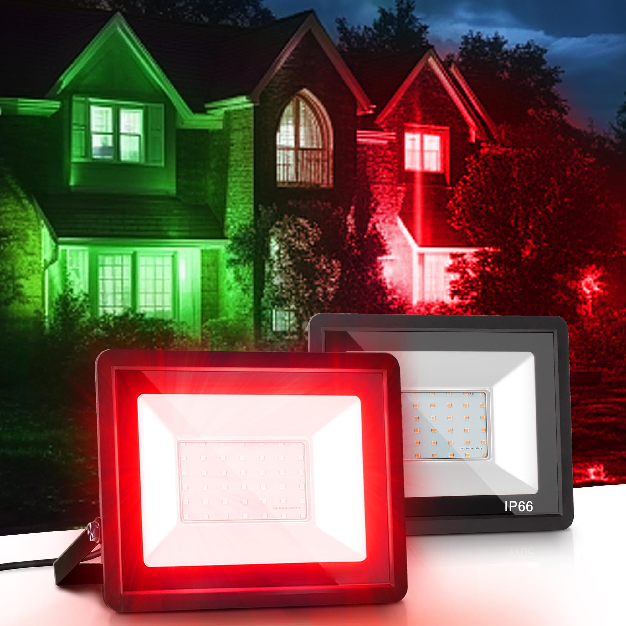L LOHAS LED Red Christmas Flood Light Outdoor, ???????? ???? ???????? 50W Plug in Flood Light, IP66 Waterproof Christmas Decorat