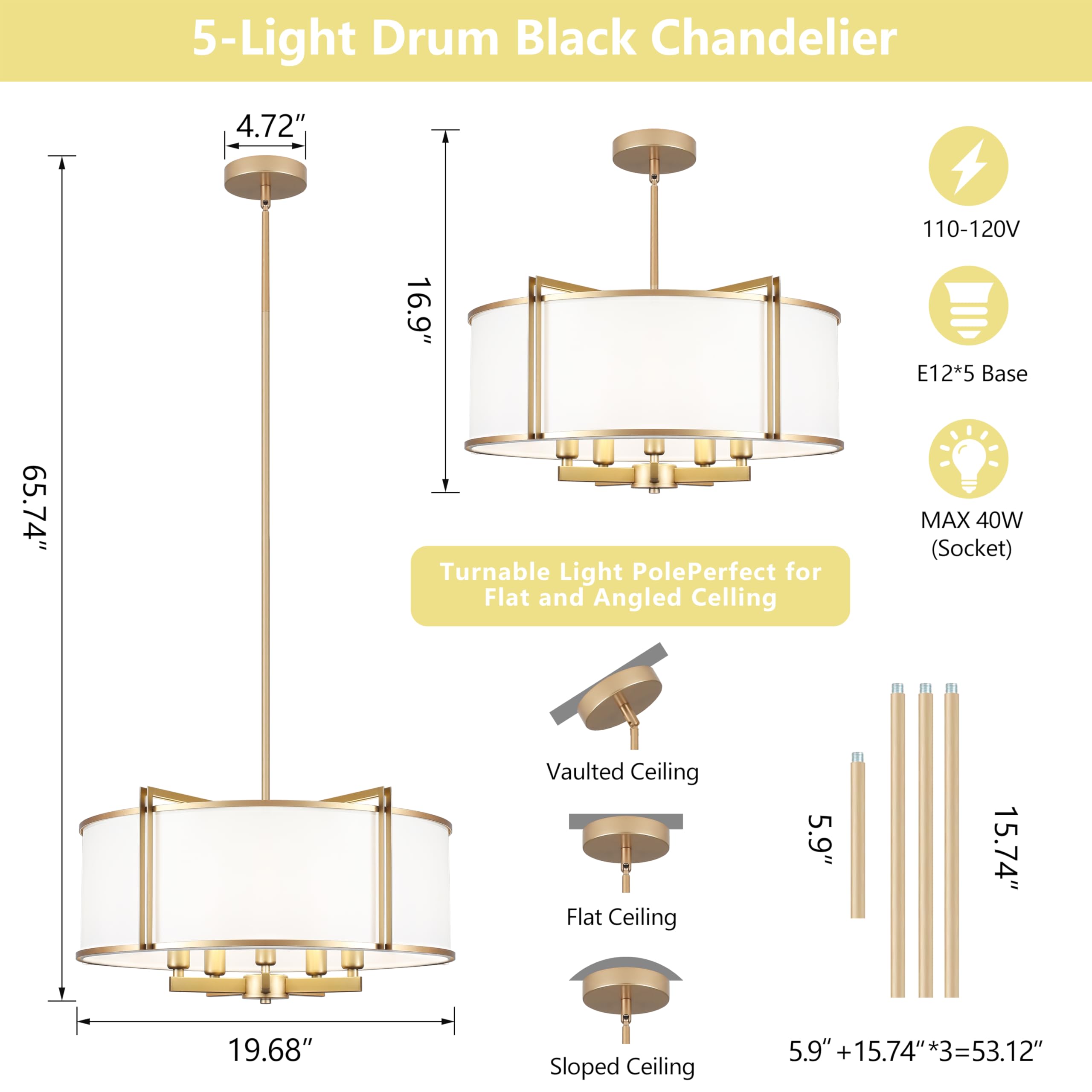 CWarmozy 19.6'' Gold Drum Chandelier - 5-Light Modern Fabric Pendant Light Fixture for Dining Room, Kitchen Island, Living Room, Bedroom