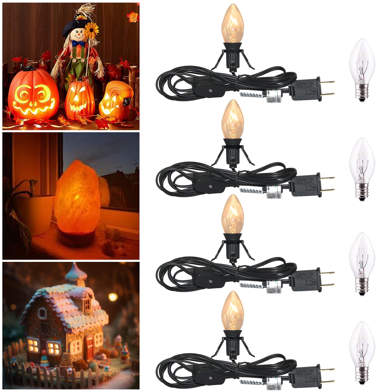 4 Pack Black Accessory Cord With 8Pcs C7 Bulbs (4 For Spare), 6 Feet Clip-In Lamp Cord With On/Off, Light Up Halloween Xmas Deco
