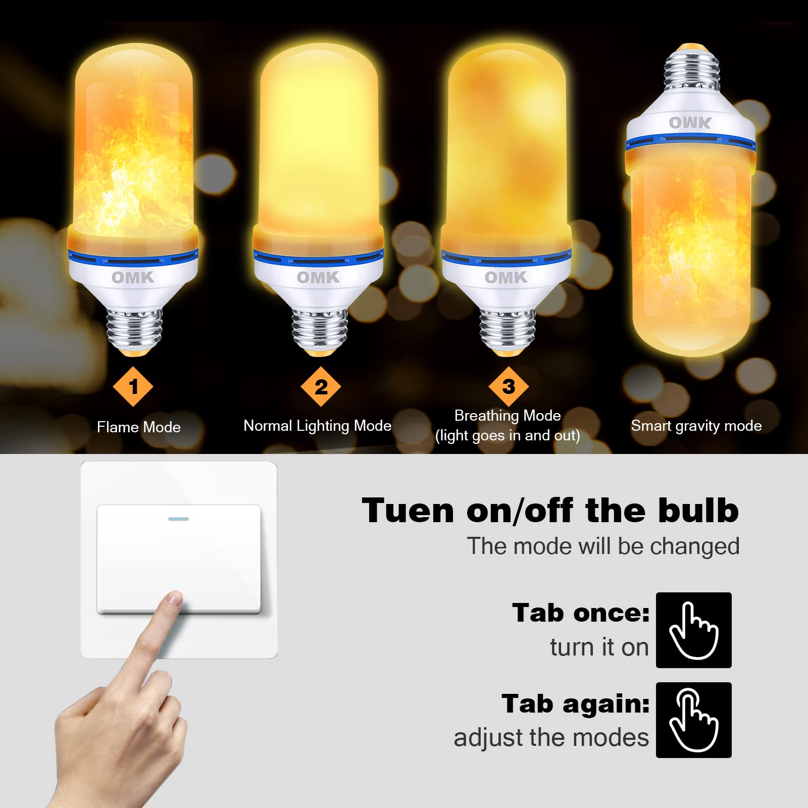 OMK LED Flame Effect Light Bulb, 1 Pack, Orange, Energy Efficient, Model FL96-OG, Decorative Lighting for Home and Holiday Use