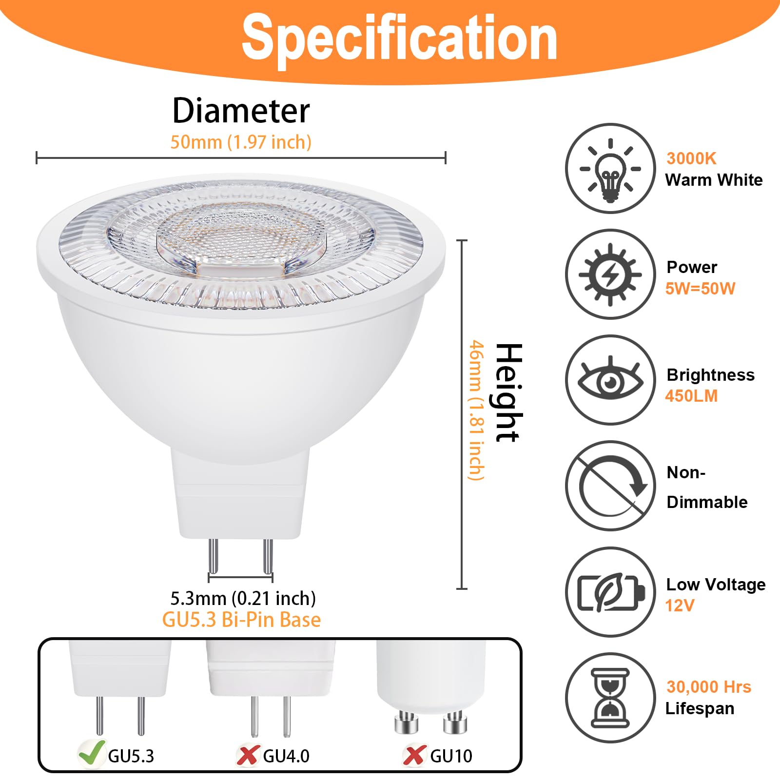 Qqlxst Mr16 Led Bulbs 50W Halogen Equivalent, 3000K Soft Warm White, 5W Mr16 Gu5.3 Bi-Pin Base 12V Low Voltage Spotlight Bulb Fo