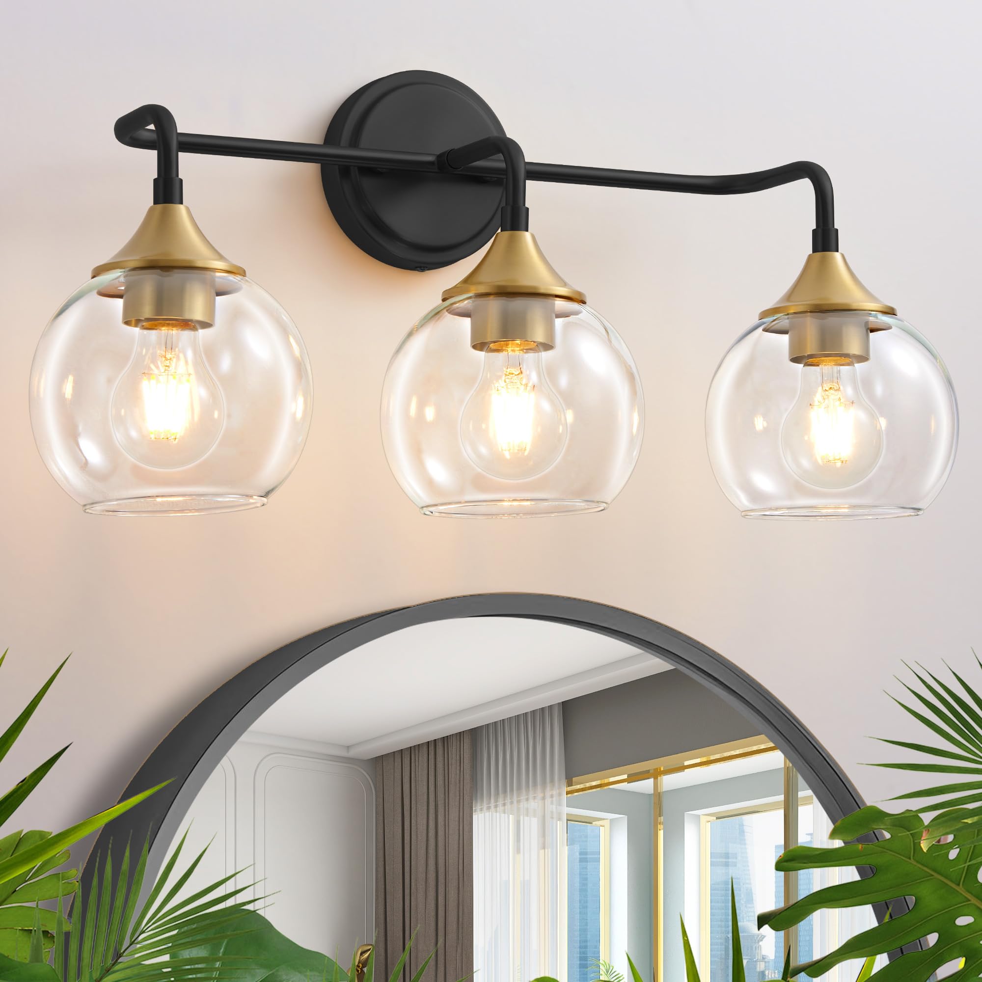 Gednbo 3-Light Bathroom Vanity Light Fixture, Black and Gold, Clear Glass Shade, 22 inch, Model G1796