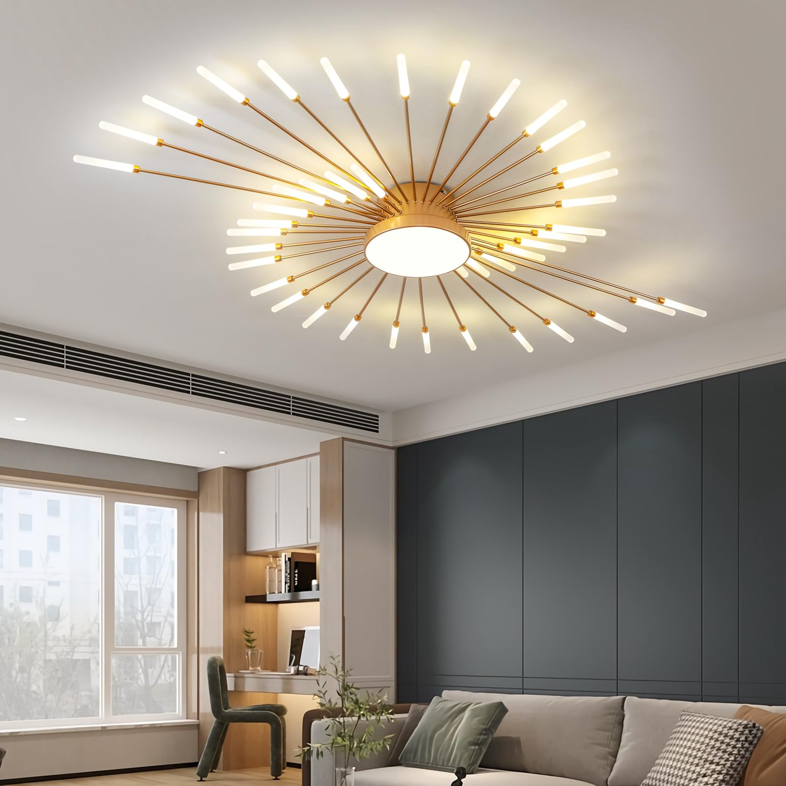 JAYMP Ceiling Light Modern Flower Shape Ceiling Lamp for Living Room Dining Room Flush Mount Metal Acrylic Sputnik Firework Petal LED Lighting Fixture (Matte Gold, 42+1 Lights)