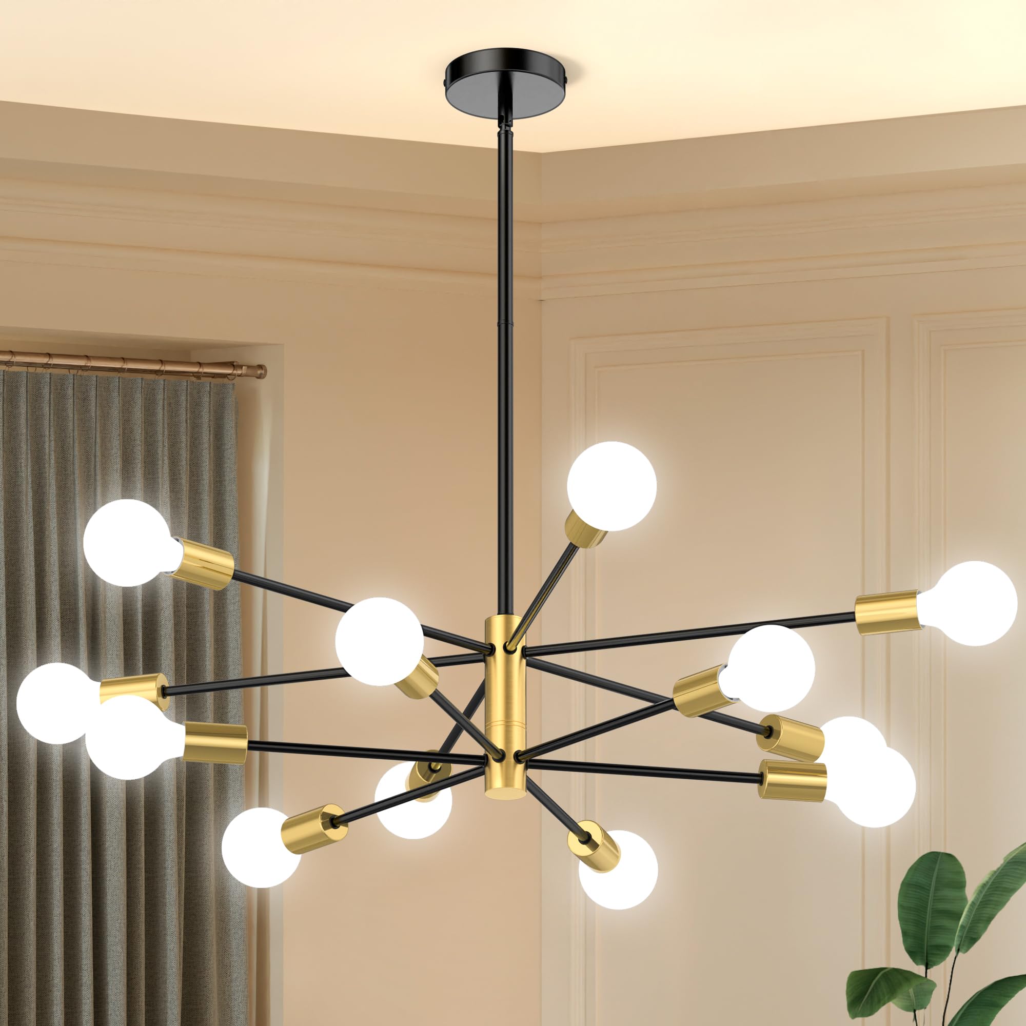 Phaosio Sputnik Chandelier 12-Light  Mid Century Modern Height Adjustable Ceiling Light Fixture for Dining Room  Kitchen Island  Living Room Bedroom-Black and Gold