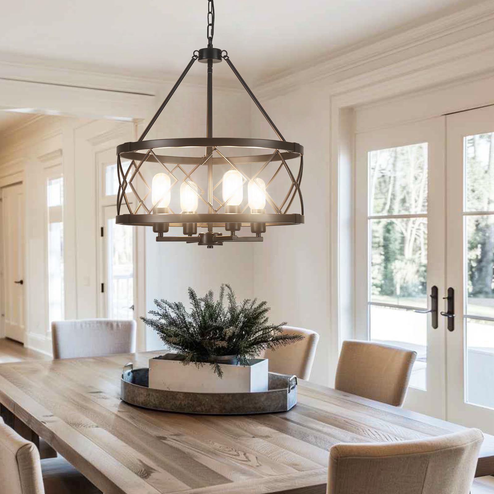 Ljhhowe 17.71'' Farmhouse Rustic Chandelier For Dining Room Light Fixture Ceiling Mount 4 Lights Adjustable Black Kitchen Island