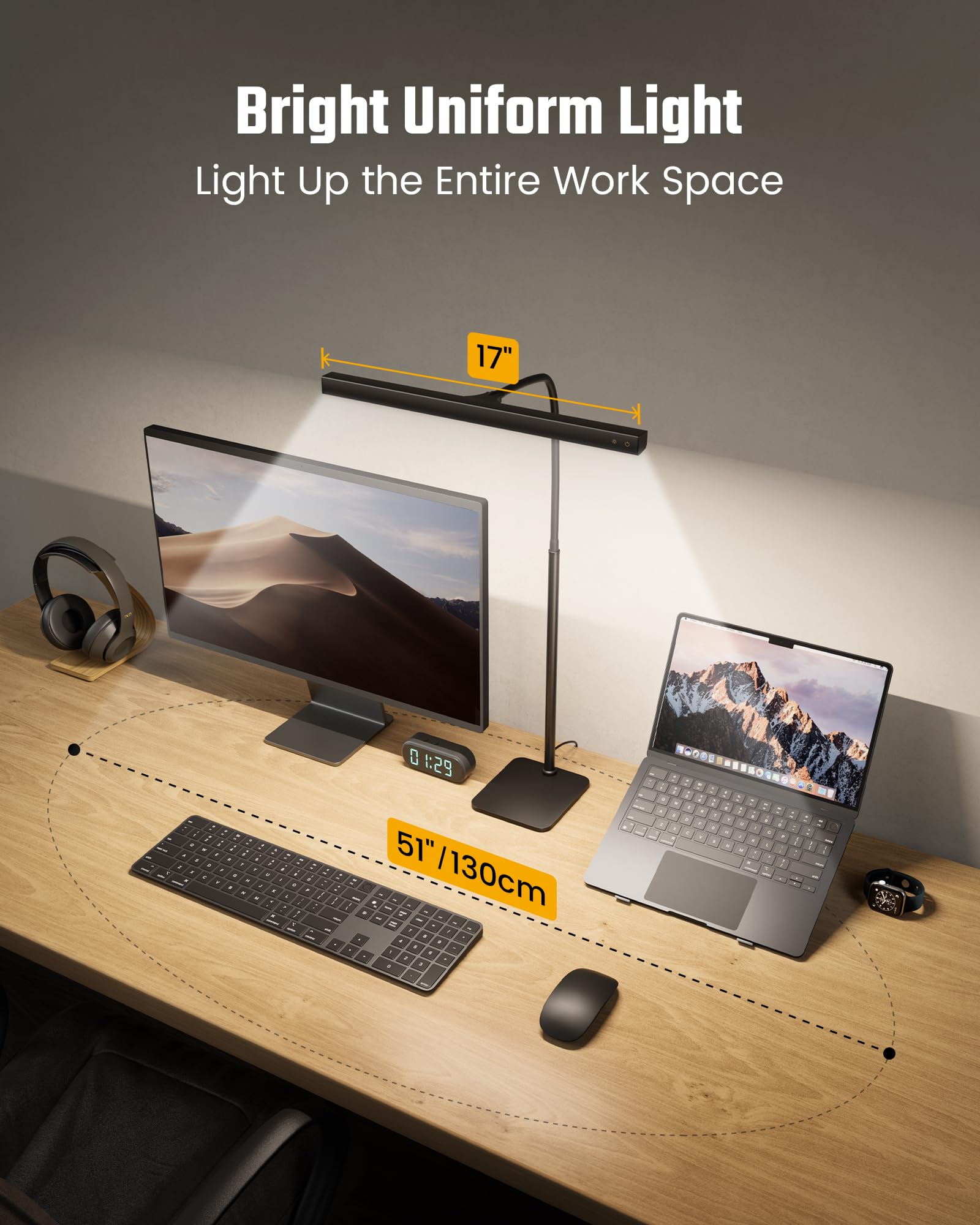 SUPERDANNY LED Desk Lamp - 12W Touch Control, 3 Colors, Eye-Caring, Gooseneck, Black, Stable Base, Model SDDL019010404B