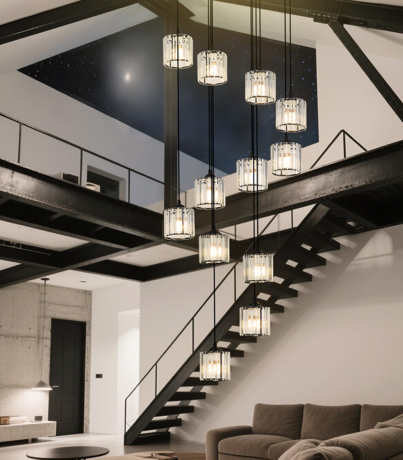 Meimond Modern Crystal Pendant Light - Long Chandeliers, 12 Lights, Black Metal, Clear Crystal Shade for High Ceilings, Foyer, Living Room