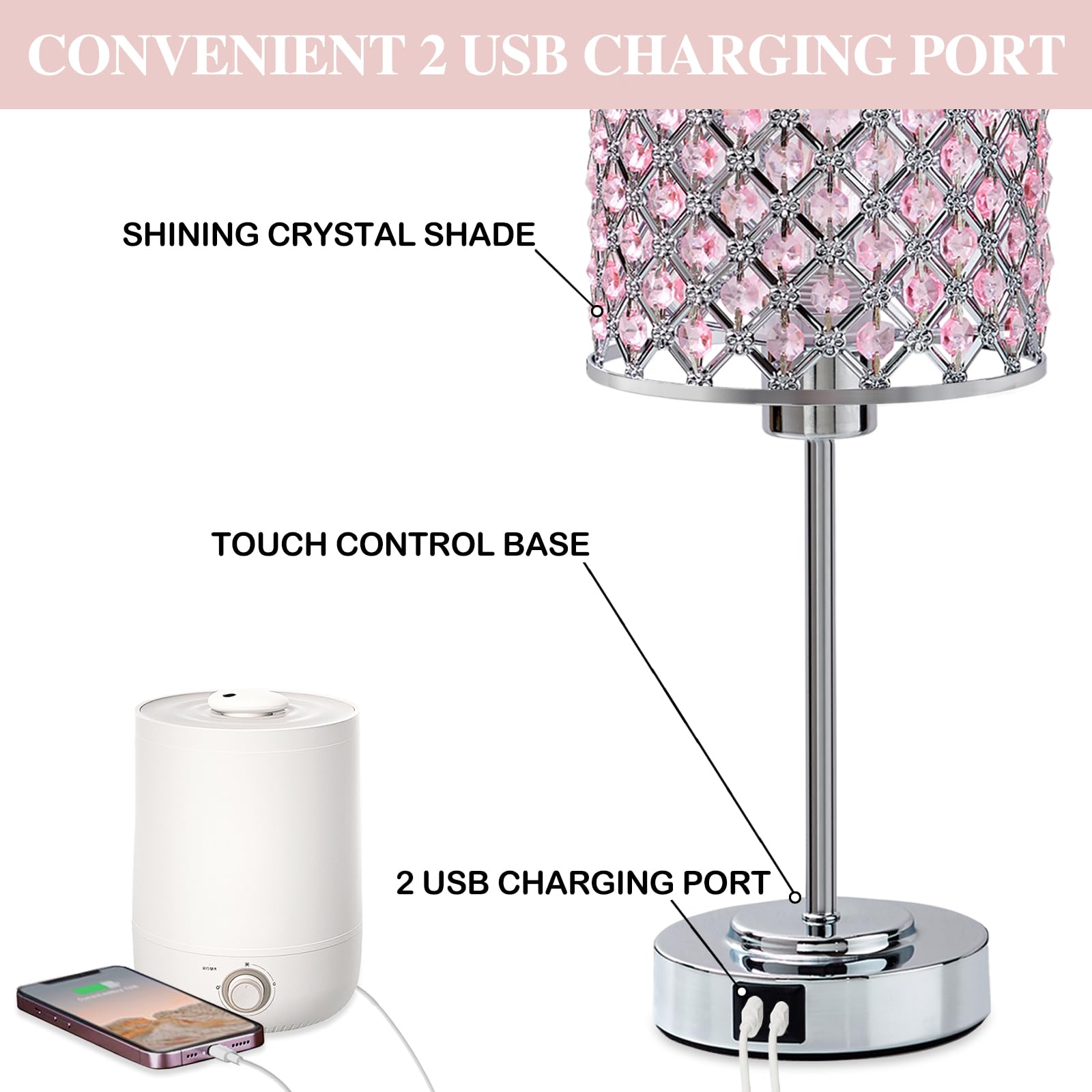 Crystal Table Bedside Lamp Touch Control, 3-Way Dimmable Small Nightstand Lamp Set Of 2 With Usb-C+A Charging Ports, Decorative