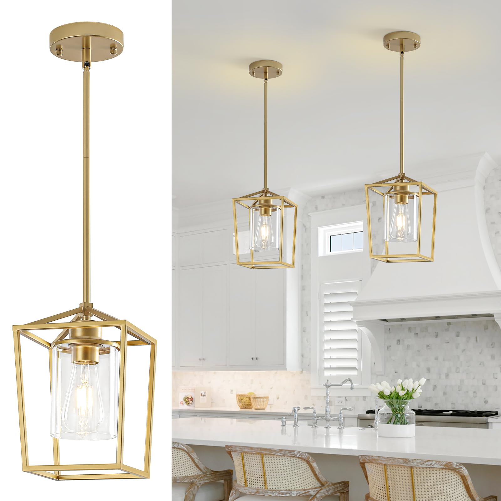 GZJunYo 2 Pack Gold Pendant Lights Kitchen Island, Modern Farmhouse Kitchen Pendant Light Fixtures, Metal Cage Island Lights wit