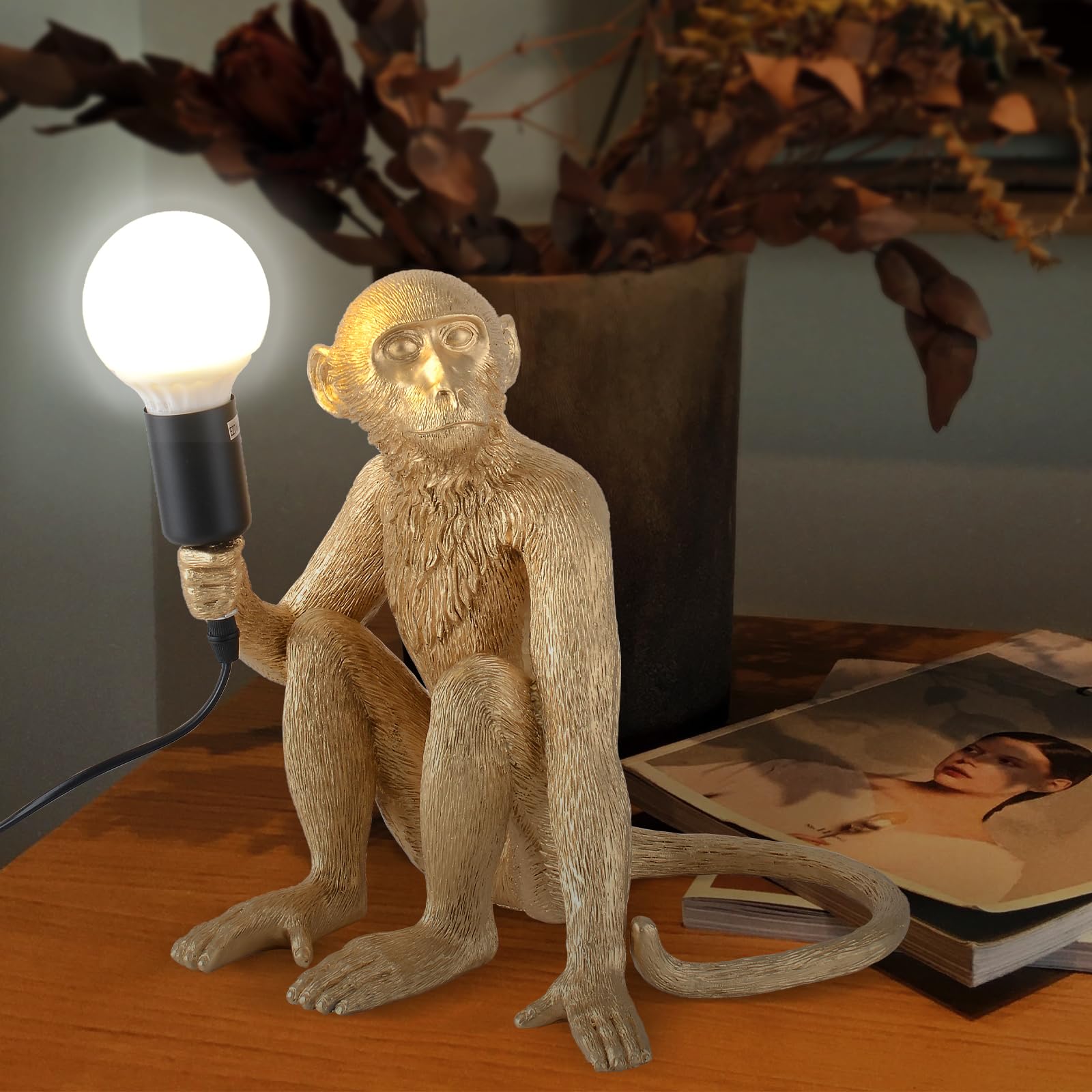 CHABEI Modern Resin Monkey Table Lamp, LED Bedside Light for Home Decor, Living Room, Bedroom, Gold, Model TABLE MONKEY