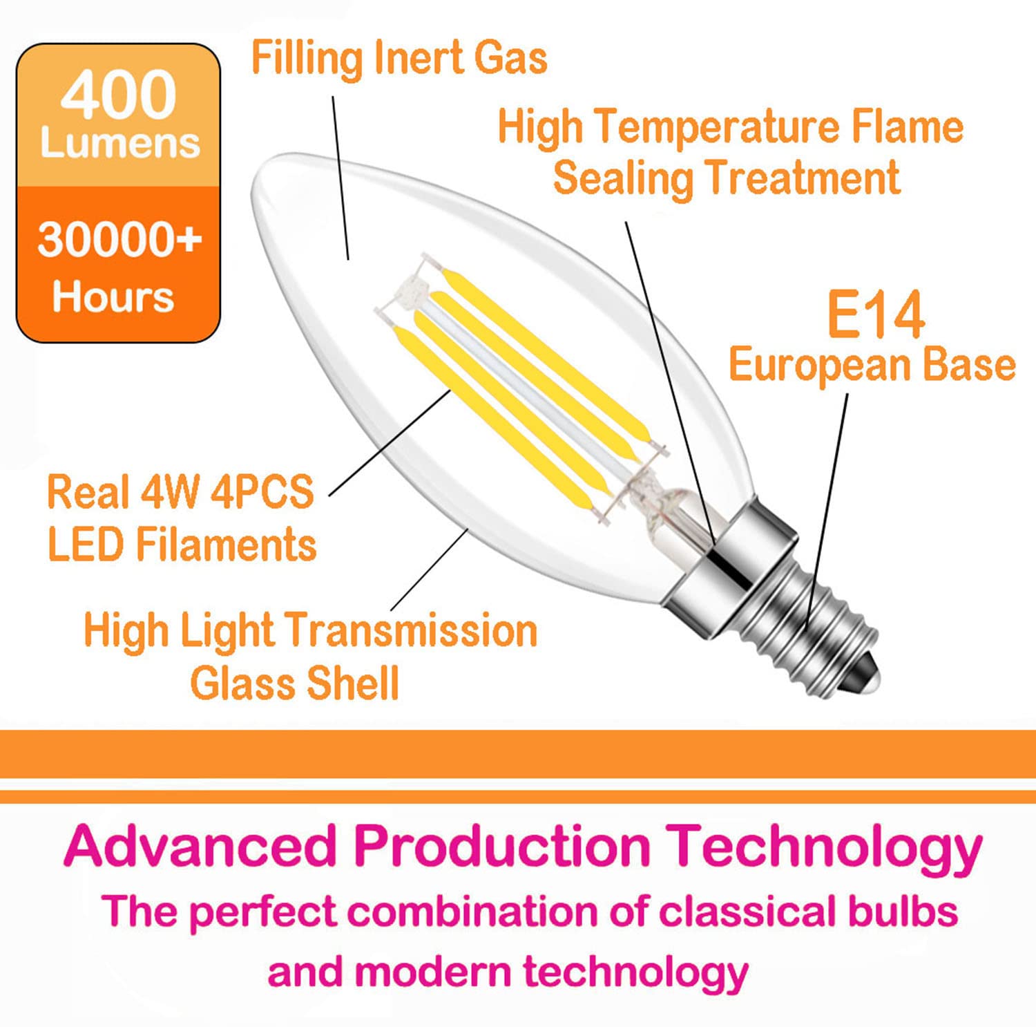 Lamsky E14 Led Filament Bulb, 4W Daylight 6000K, Vintage C35, 4-Pack