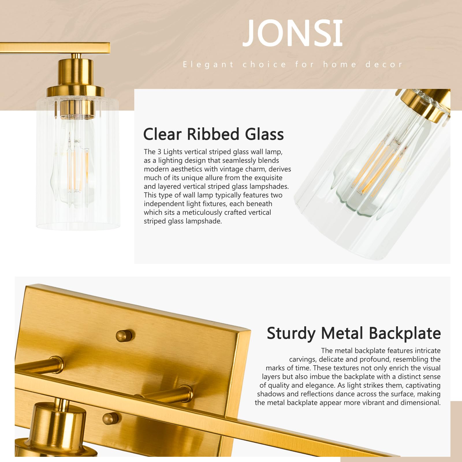 Jonsi 3-Light Gold Bathroom Vanity Light Fixtures, Brushed Gold with Fluted Glass Shade, Model X003W-3AGB, 23.5 Inch