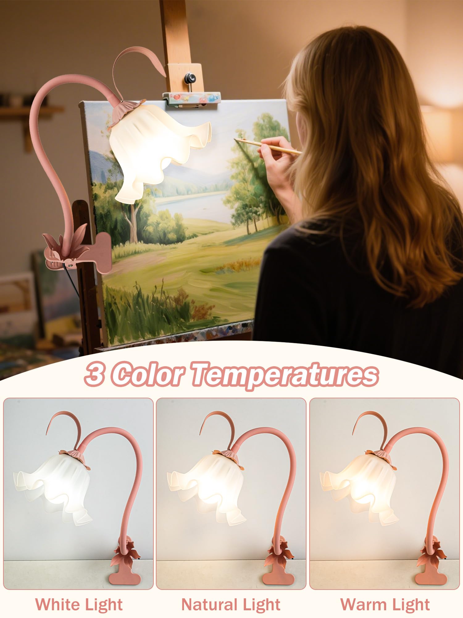 DSYHYL Flexible Gooseneck Desk Lamp - 3 Color Modes, Eye-Care LED Light, Pink, Clip-On for Bed, Study, Office, Model: fenjiazi