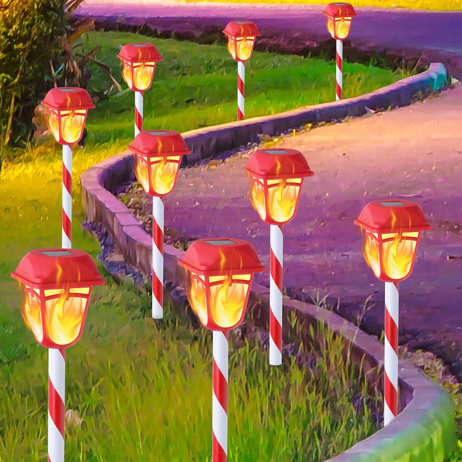 Dynaming 9 Pack Solar Flame Torch Lights, Flickering Flame Christmas Pathway Markers, Auto On/Off Candy Cane Lights for Xmas Pat