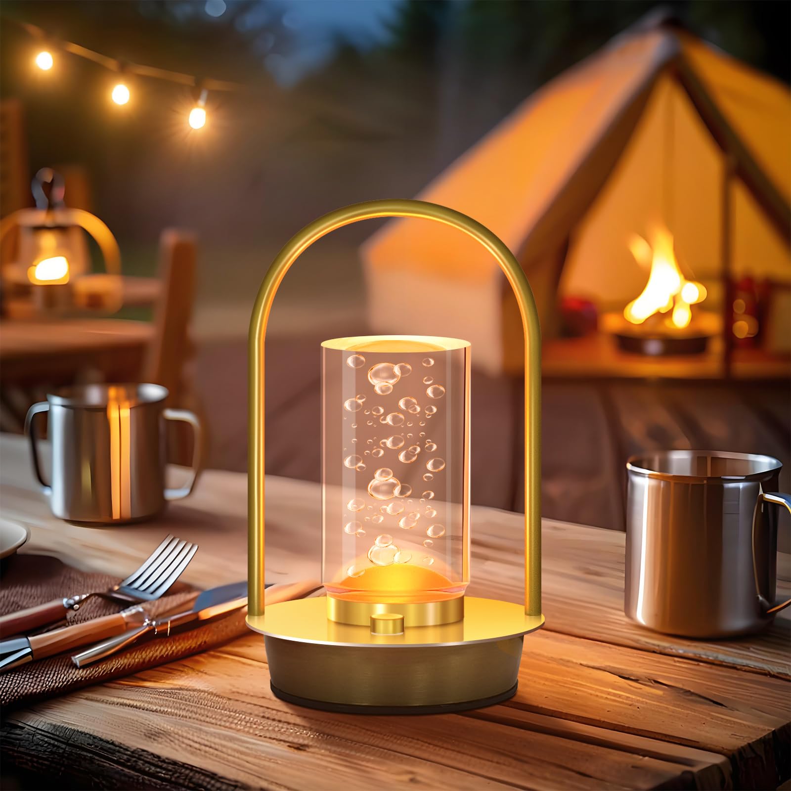 AOTEAM Portable Cordless Table Lamp - Dimmable Touch, Small Aluminum, Gold with Bubble, Model A-1, Rechargeable Battery for Indoor/Outdoor Use