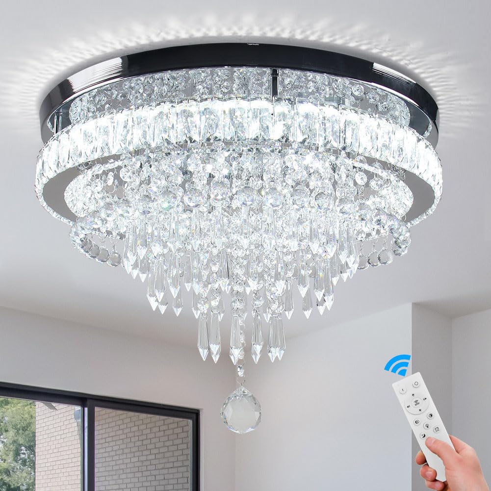 FRIXCHUR Modern Crystal Chandelier Light Fixture, 19.7 Inch, Dimmable, Stainless Steel, LED, Remote Control, Model MC096