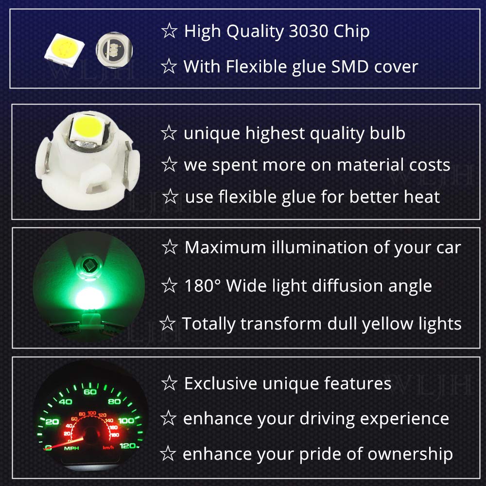 Wljh 10X Green T4 T4.2 Led Bulb Neo Wedge 10Mm Base Car Interior Dash Lights Instrument Cluster Light Dashboard Gauge Hvac Ac He