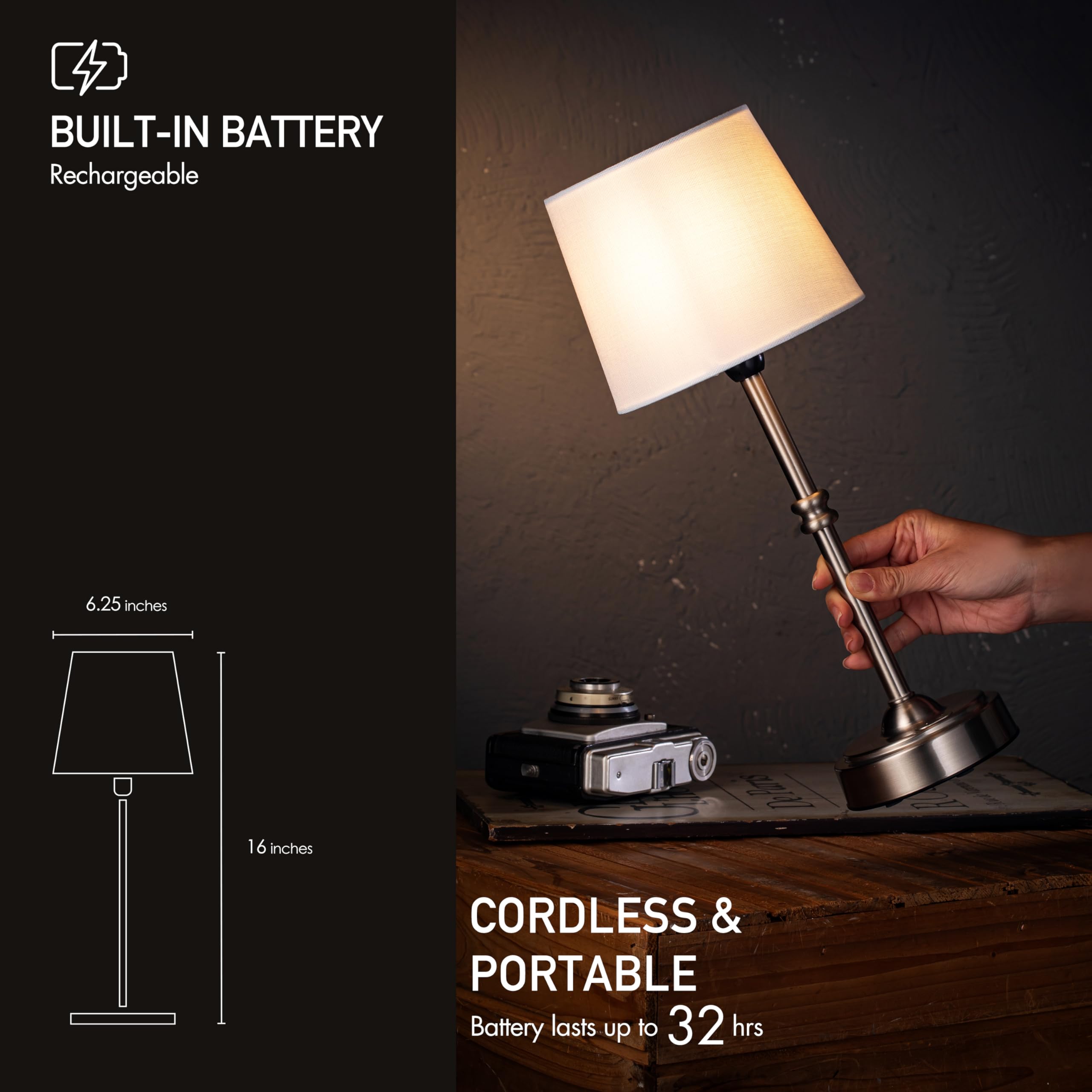 O'Bright Cordless LED Table Lamp, Dimmer & Rechargeable Battery, 3-Level Brightness, Brushed Nickel, Model OB-TL19B