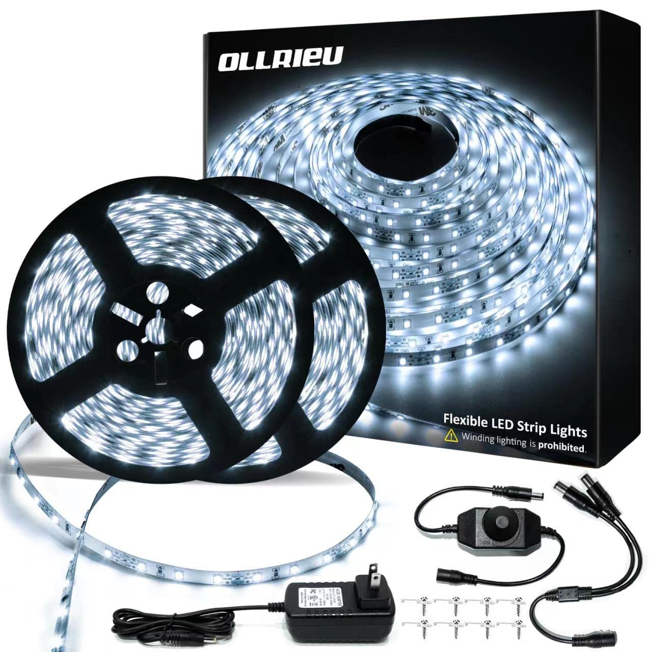 ollrieu LED Strip Lights 6000K Bright White Dimmable 65.6ft 1200 LEDs Flexible Lighting for Kitchen Under Cabinet Bedroom Wardrobe