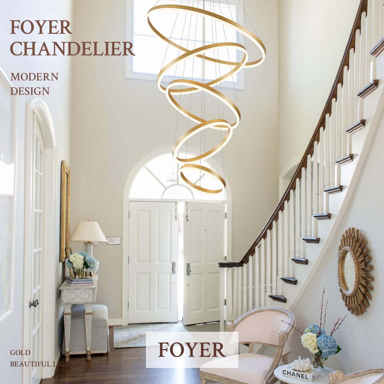 Sparklelf LED Chandelier, 5 Rings 31.5in, Gold, Dimmable, Remote Control, 3000K-6500K, Modern Design for Entryway, Living
