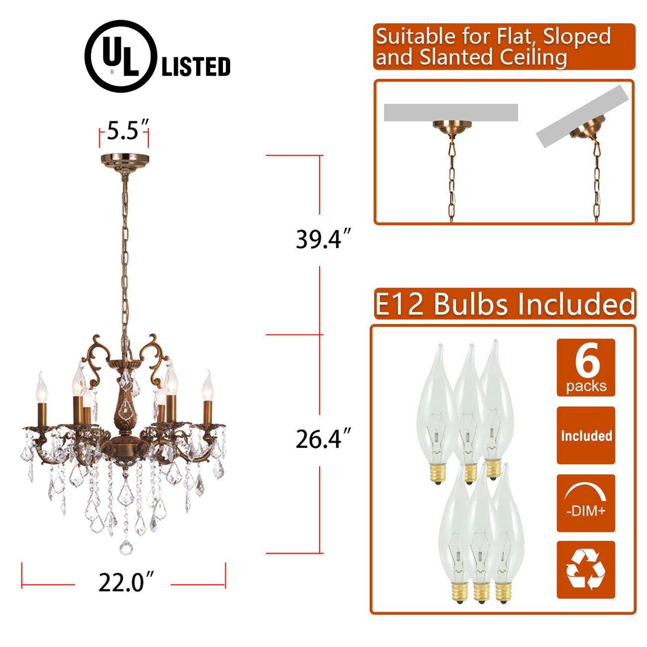 MEEROSEE Crystal Chandelier 6 Lights Pendant Light Fixture Glass for Dining Room Kitchen Bedroom Hallway D22.1in Model MD3134-L6SMN