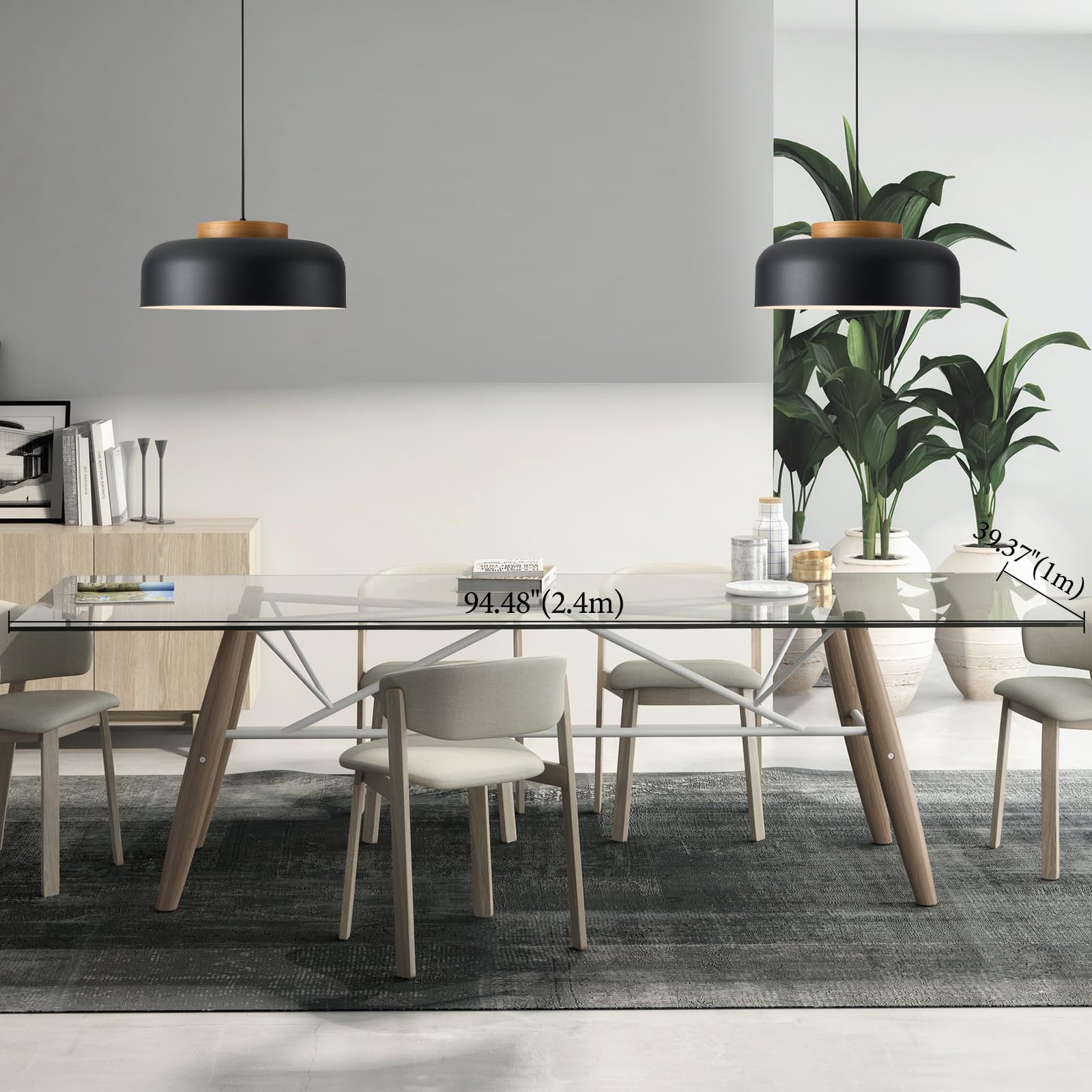 Modern Large Pendant Light Fixture  17.7 Inch Natural Wood Cap  Matte Black Finish  Simple Pendant Lighting For Kitchen Island  Dining Room  Table