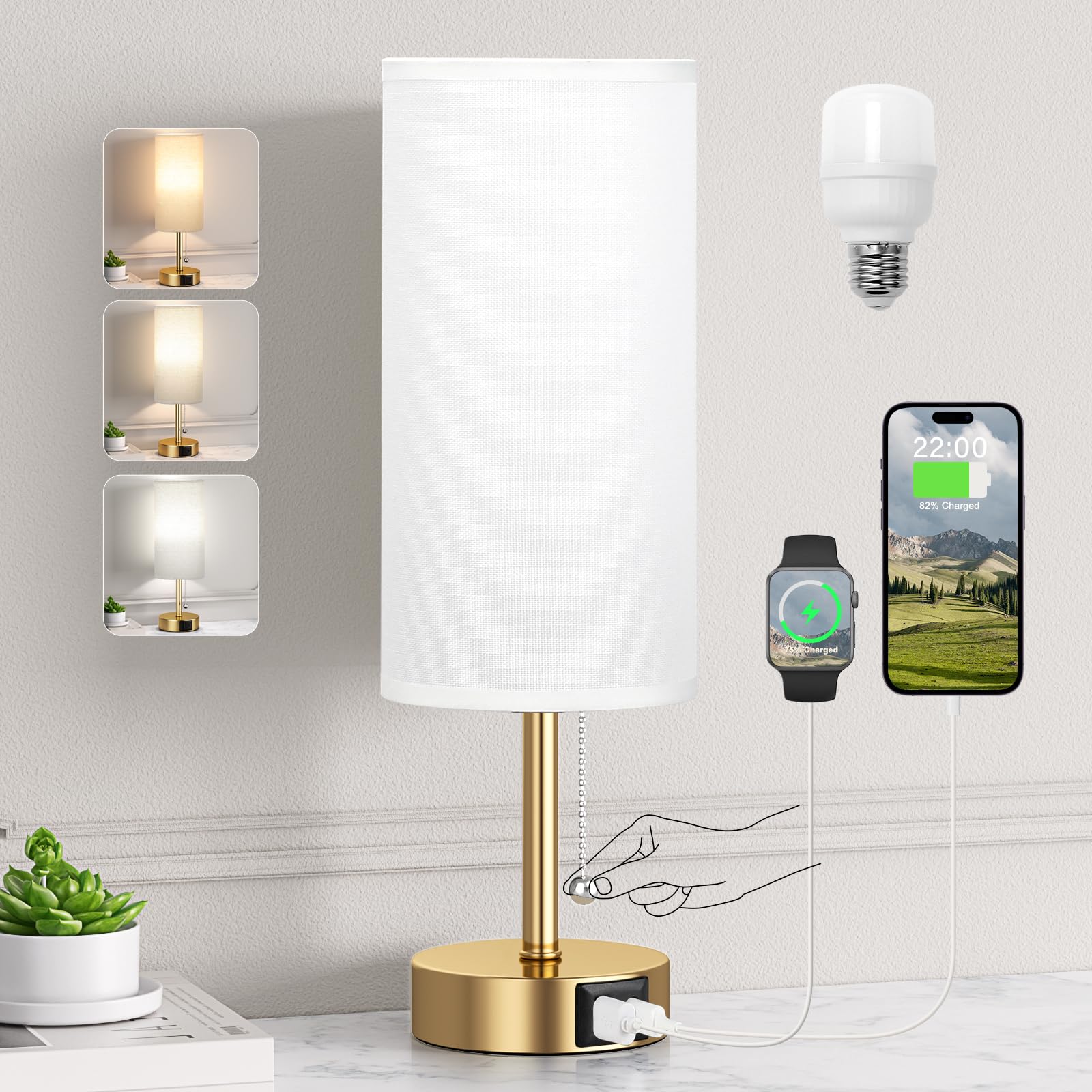 PartageiZ Gold Bedside Lamp - Small Table Lamp with USB A + C Port, 3 Color Temperatures, 14.0In, Model 14-1