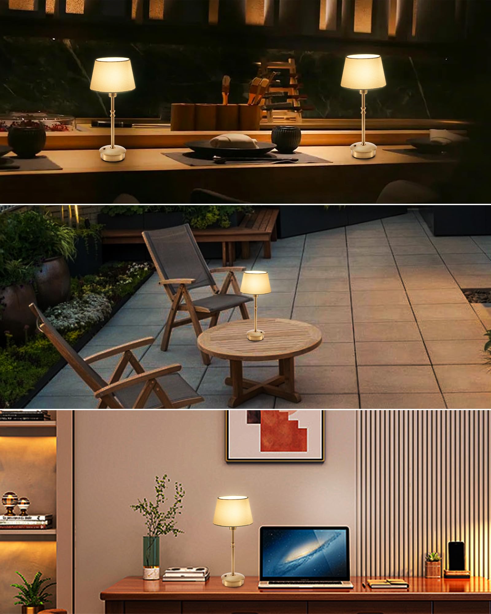Umexus Cordless Lamp Rechargeable Table Lamps, 5000Mah Battery Operated Lights, 3 Level Brightness Dimmable, Portable Night Bedside Light For Patio, Restaurant, Dining, Fabric Shade, Antique Brass