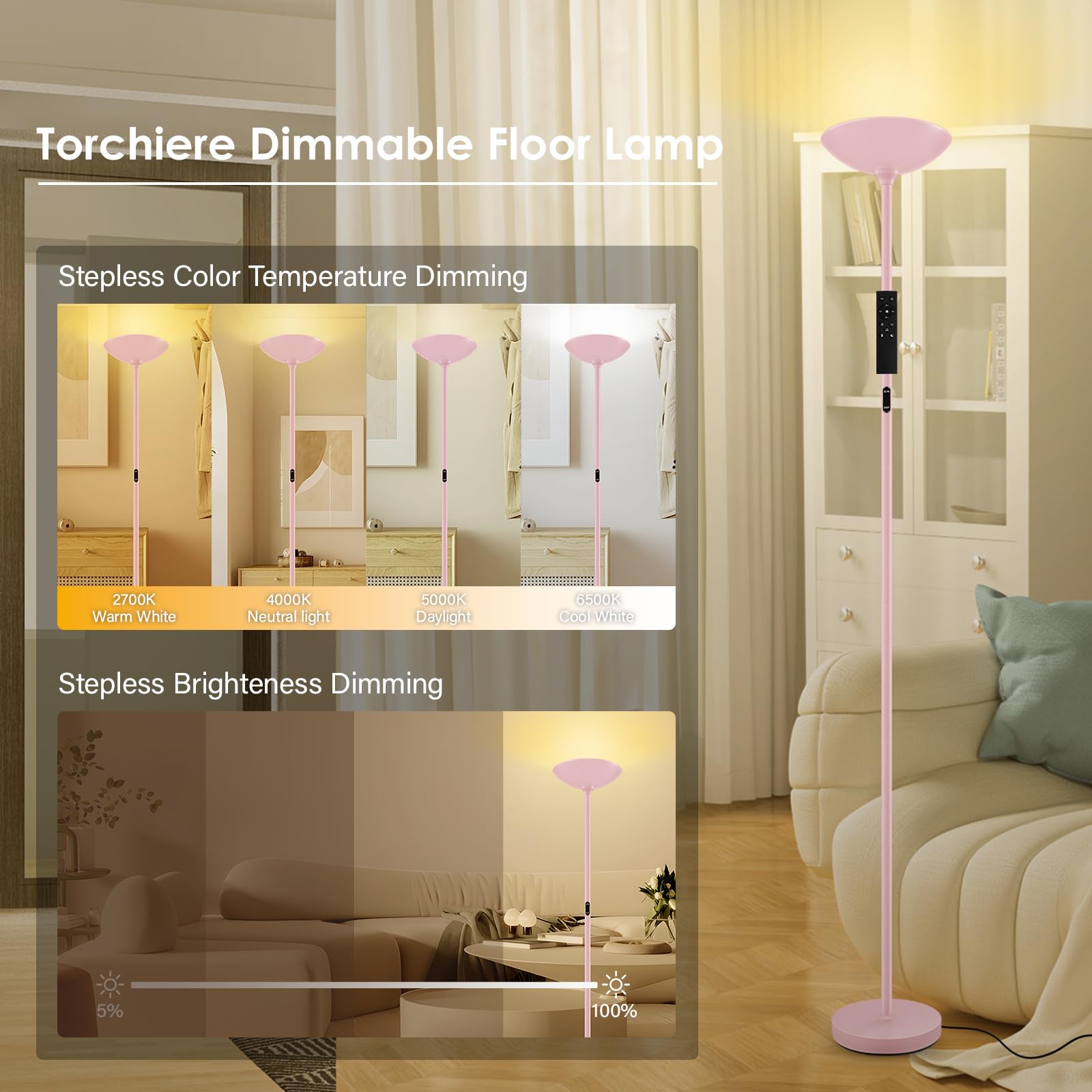 Bricosmocon Dimmable Floor Lamp, 30W 3000LM LED Torchiere, 71" Tall, Pink, Remote & Touch Control, Model F0513