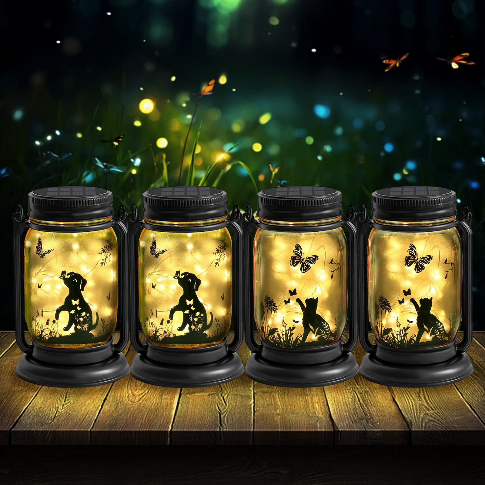 YJFWAL 4 Pack Solar Lanterns, Vintage Glass Mason Jar, Warm White, Dog & Cat Butterfly Theme, Waterproof Garden Lights
