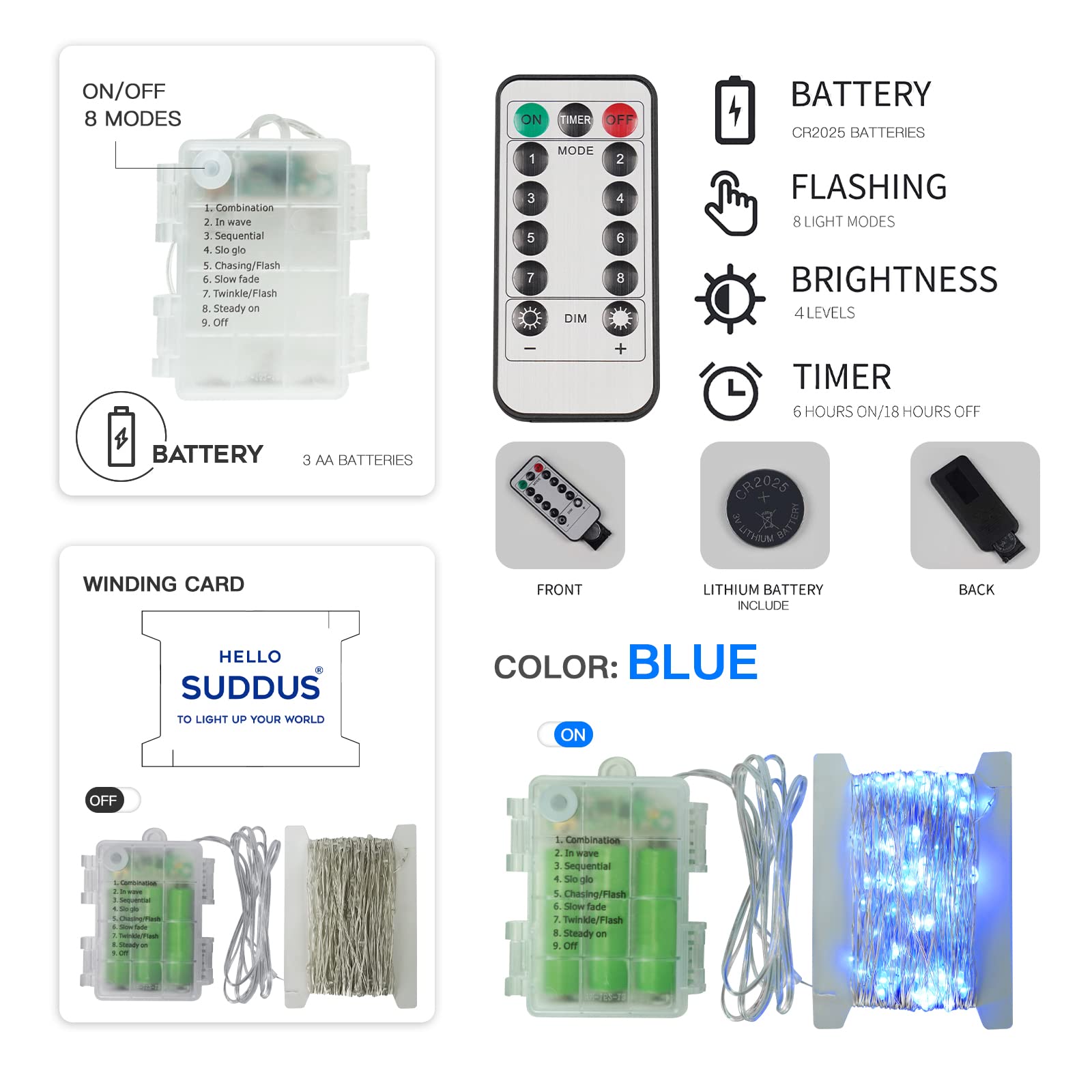 Suddus 33Ft 100 Led Outdoor String Lights, Blue Fairy Lights Battery Operated With Remote, Led Twinkle Lights For Bedroom, Backyard, Wedding, Tree, Mason Jar, Wall, Centerpiece, Christmas