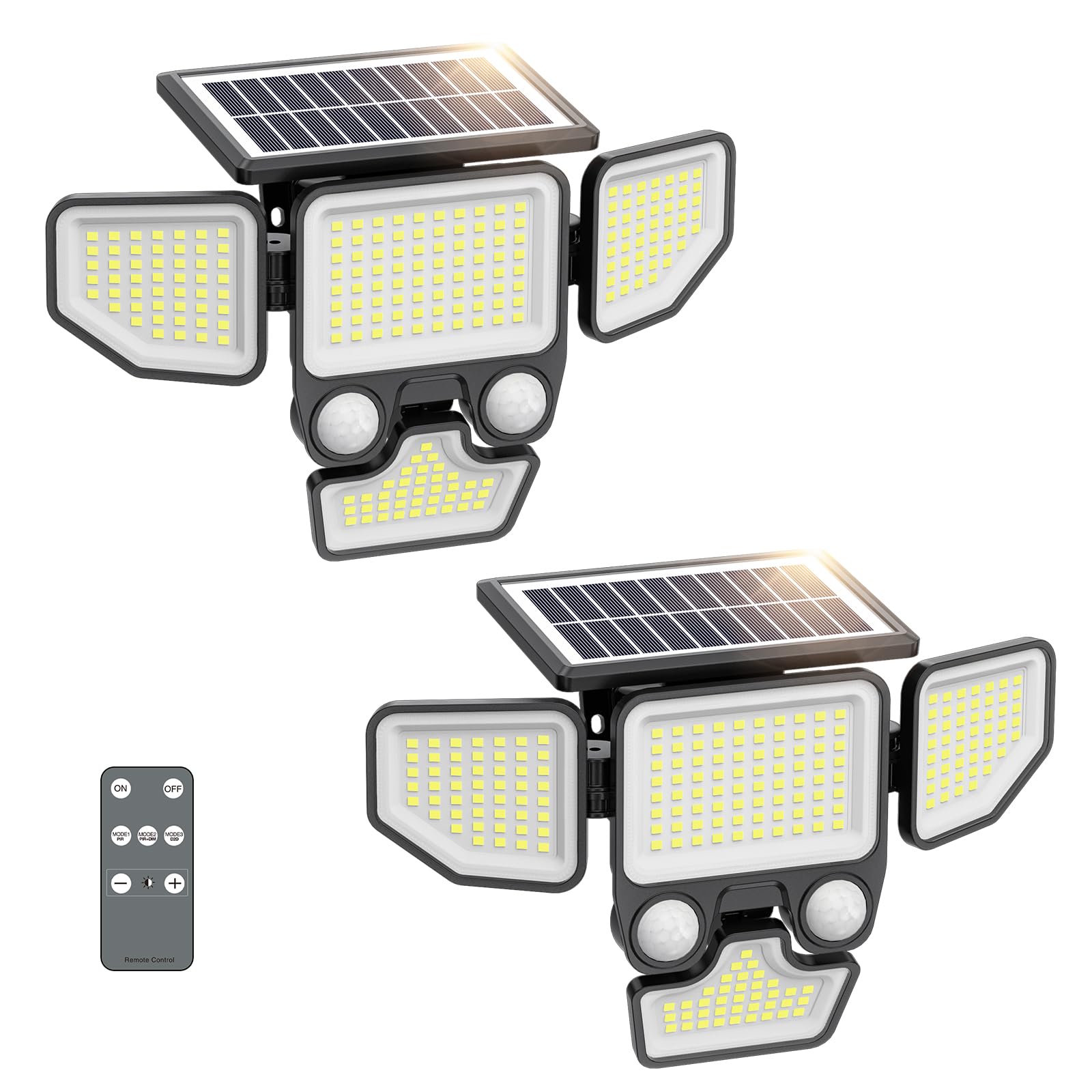 Onforu 3000LM Solar Lights Outdoor, 4 Heads, IP65 Waterproof, Motion Sensor, Remote Control, Black, Model BDTYE06-4, 2 Pack