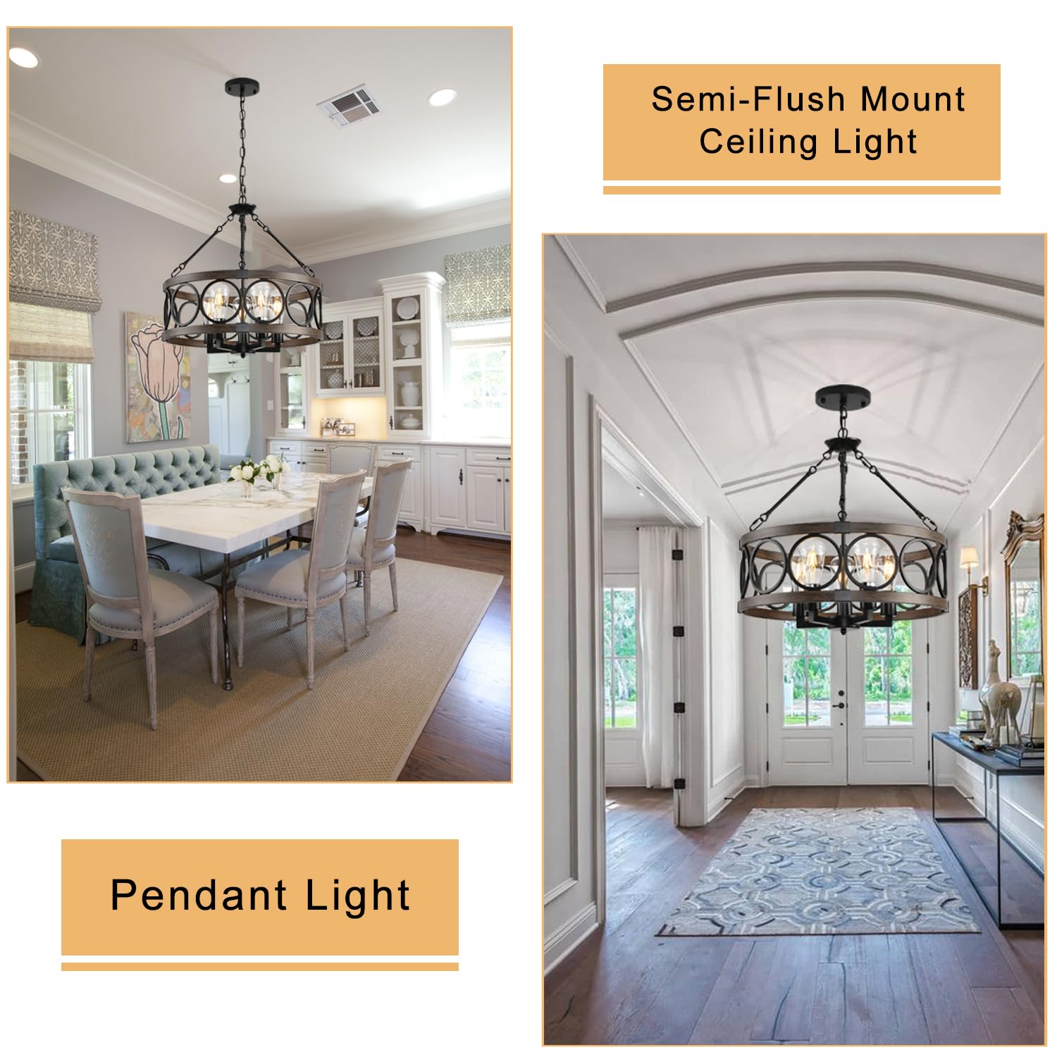 SHIANDAR 5-Light Flush Mount Ceiling Light, Height Adjustable Rustic Black Chandelier, Model MYX-005-TYdk-mwBKmLT-5L