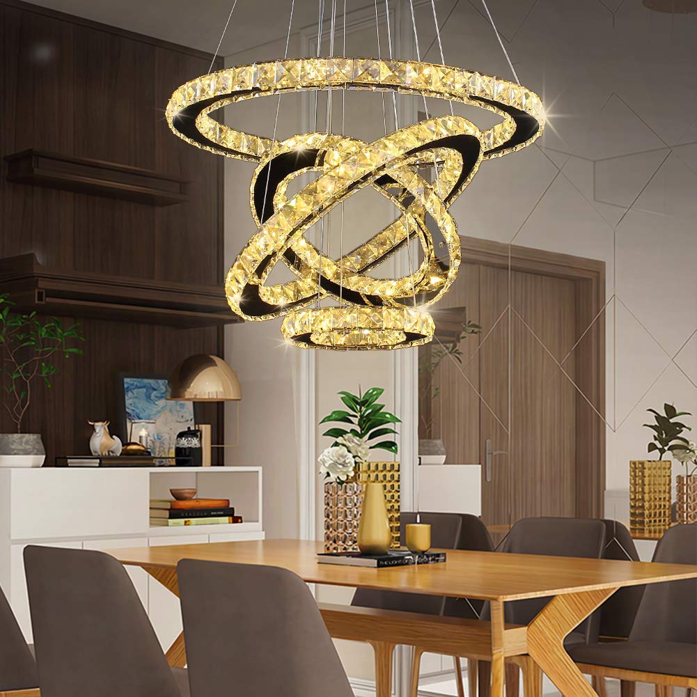 Modern Crystal Chandelier, Dining Room Living Room Led Ceiling Pendant Light Contemporary 4 Rings Adjustable Stainless Steel Lig
