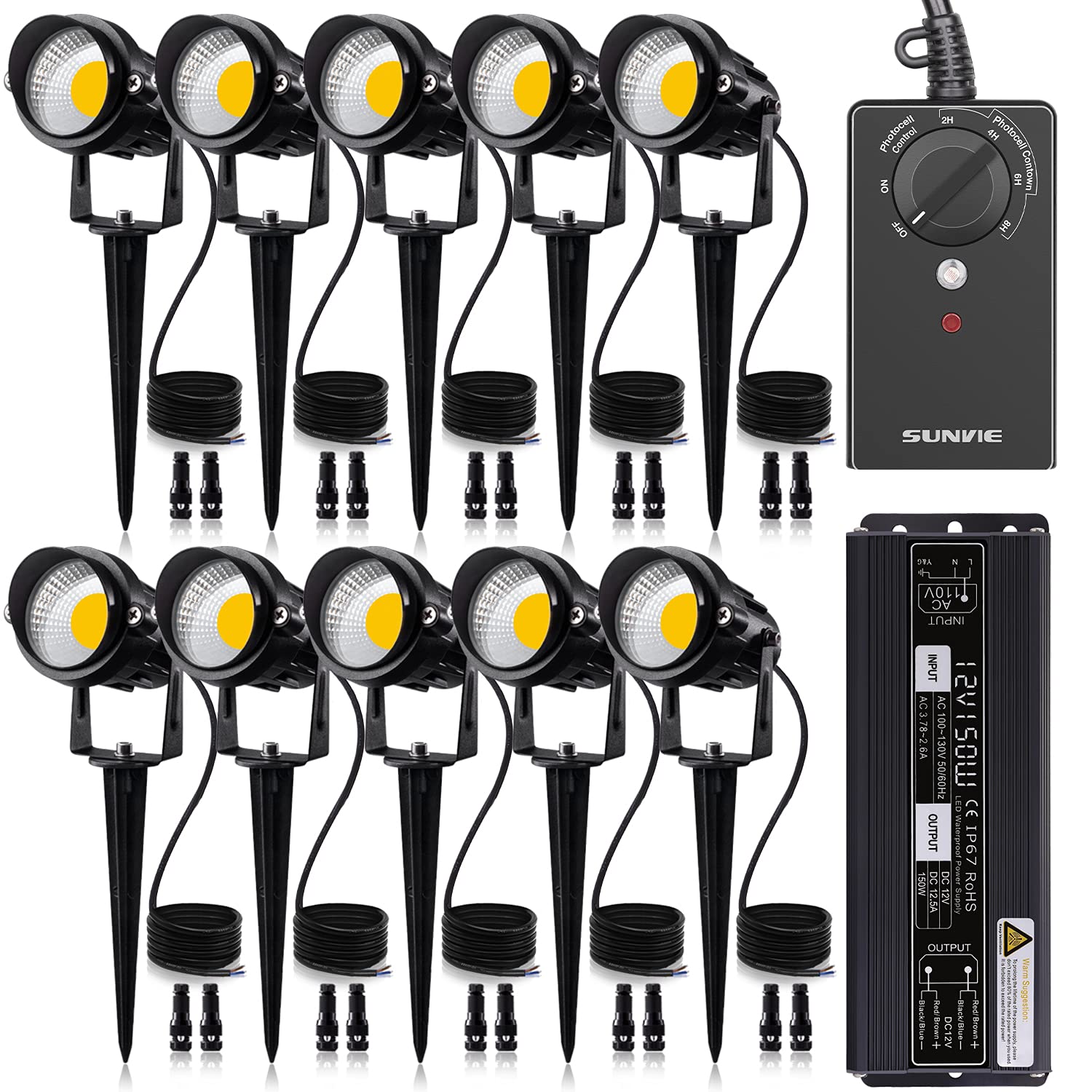 SUNVIE Low Voltage Landscape Lights Kit with Transformer and Timer 12W 12-24V Outdoor LED 3000K Waterproof Landscape Lighting wi