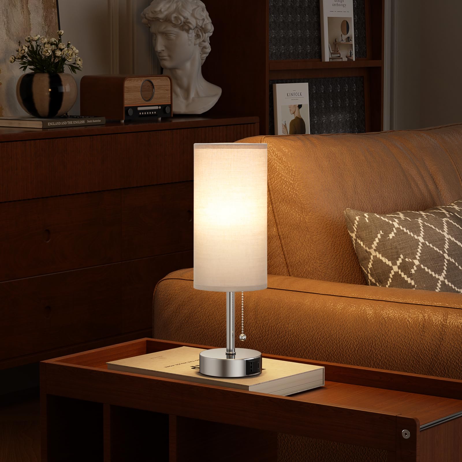 Silver Bedside Lamps For Bedroom Set Of 2 - Nightstand Table Lamp With Usb A + C Charging Port, 3 Color Temperatures Pull Chain