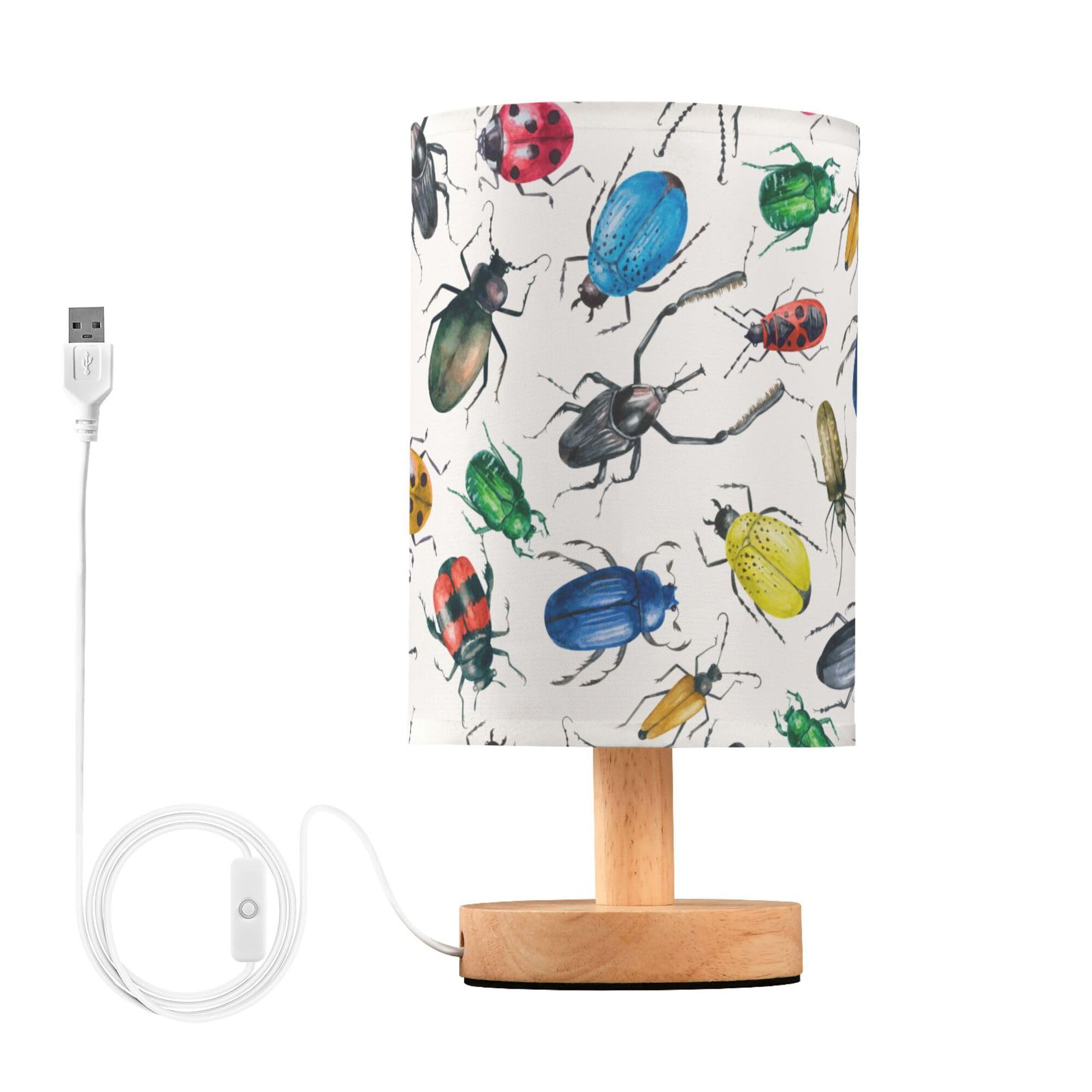 YYZZH Table Lamp Watercolor Insect Beetle Pattern Nightstand Lamp with Wood Base Fabric Lamp Shade Bedside Desk Lamp for Living 
