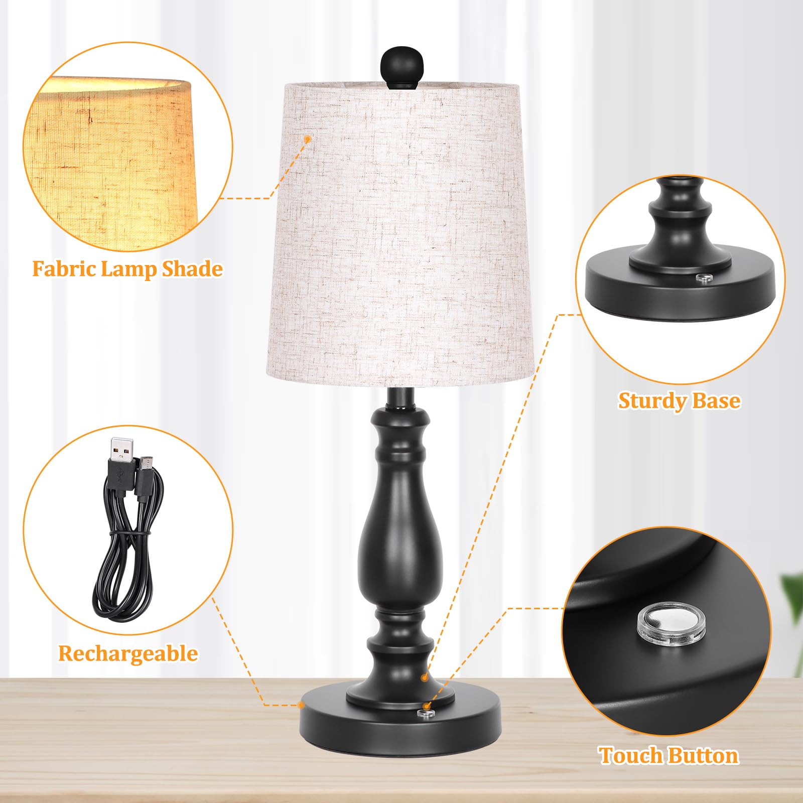 Dott Arts Cordless Table Lamps Set of 2, 3-Way Dimmable, Battery Powered, Metal, Black, Model BTL4W-017